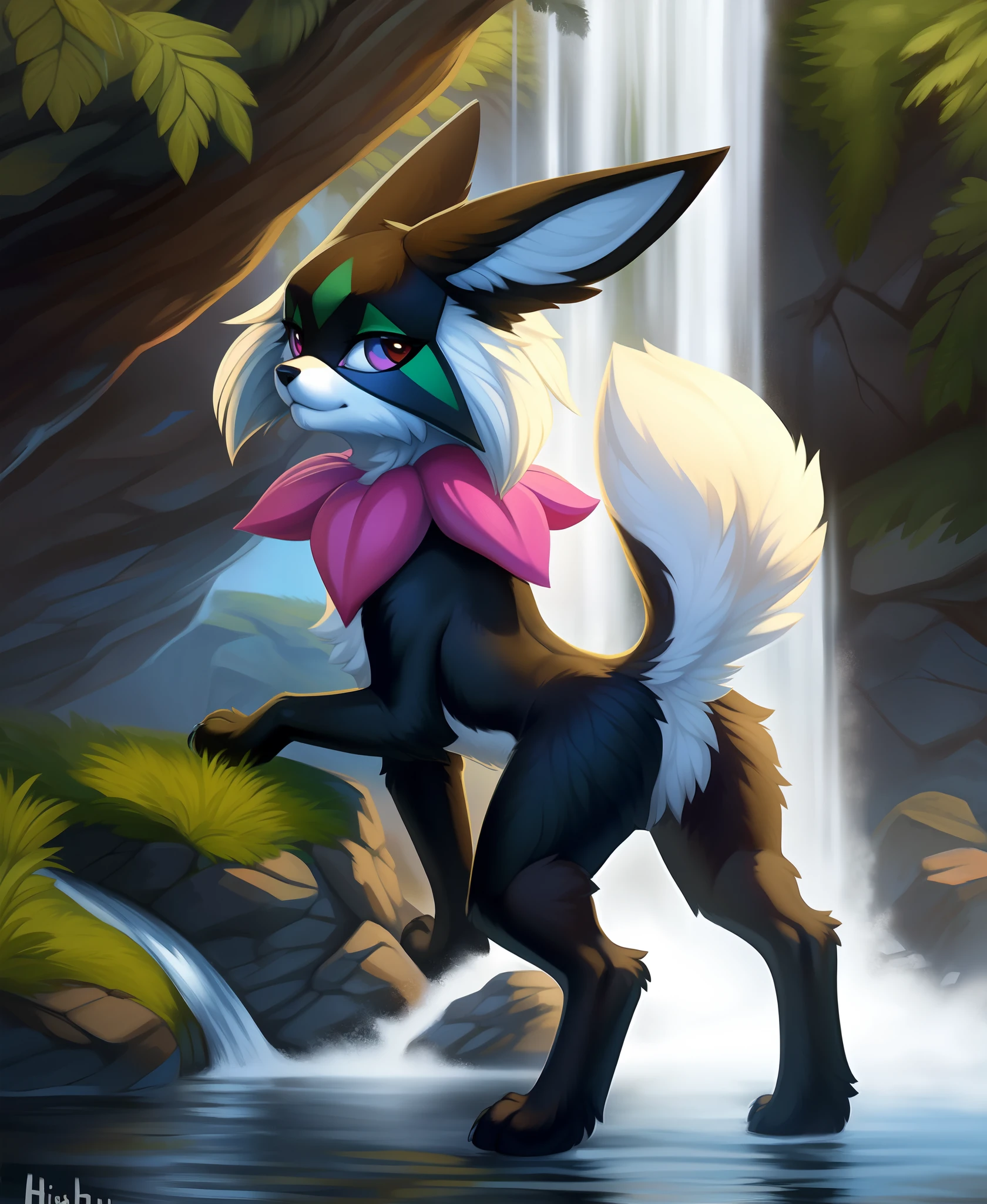 animal focus, three-quarter view, (feral), meowscarada, eeveelution, presenting hindquarters, fur, raised tail, (solo), big eyes, pupils, paws, waterfall, ((symmetrical)), female, anatomically correct,,, masterpiece, best quality, by hioshiru, snowskau, foxovh. impasto impressionism, by Michael & Inessa Garmash, Ruan Jia, Pino Daeni, detailed background,