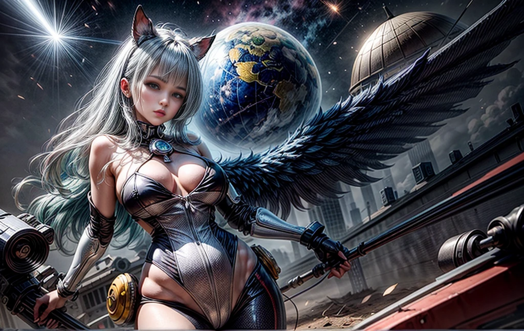 ((Optimum quality)), ((Pinturas maestras)), (muy detallado:1.3), ..3D, Hermoso, (cyperpunk:1.6), en el espacio, Nube estelar, (tenencia_arma:1.3), laser, (1Mecha hembra:1.3), cuerpo voluptuoso, cara a mirar al espectador, ojos luminosos, Todo el cuerpo humano, (Vuelo, Swoop, Dyna, Desenfoque de movimiento: 1.4), (huge mech wings: 1.6), mira hacia arriba, resplandeciente_ojos, Mechs, El panorama, El fondo es la Tierra, Nube estelar, Espacio, Particle, realisic, HDR (HighDynamicRange), Raytrace, NVIDIA RTX, Hyper resolution, Irreal 5, Sub-Surface Scatterring, Texturas PBR, Post-procesamiento, Anisotropy Filtering, Profundidad de campo, maximum definition and sharpness, Textura multicapa, Mapas de Albedo y Specular, Surface Coloring, Accurate simulation of light-material interactions, perfectamente proporcionado, renders de octanaje, duotone lighting, Gran apertura, ISO bajo, balance de blancos, tricotomía, 8K RAW, Efficient Sub-Pixel, Subpixel volume products, (Optimum quality),(Japanese:0.5),(Coreano:0.8),(Liu Yifei:1.5)longitud del cabello,(:1.2),(Underboobs:1.5),(Bikini de encaje transparente blanco:1.5)