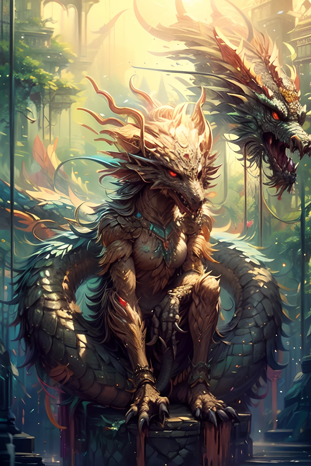 a painting of a dragon with a long tail, mythical creature, symmetrical epic fantasy art, detailed fantasy digital art, detailed digital 2d fantasy art, detailed fantasy art, ancient creature, digital painting of quetzalcoatl, fantasy creature, highly detailed fantasy art, epic fantasy digital art style, digital 2d fantasy art, fantasy art behance