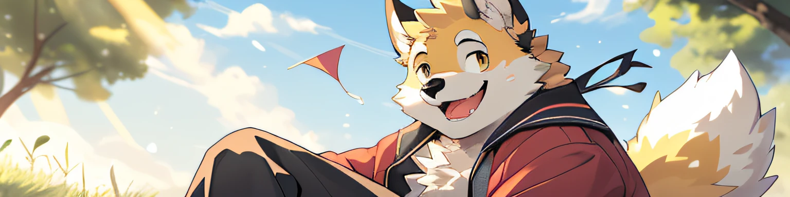 depth of field, perfect lighting, light particles,(best quality),(masterpiece),(ultra detailed),sharp focus, niji, eyesgod, black eye, looking_at_viewer, toothy smile, solo, furry, animal_dog_ear, light-yellow fur, white belly, tail, happy face,
detailed face, chubby face, chubby body, red soft jacket, black t-shirt, (sitting on the grass in the park sunlight and seeing a kites on the blue sky with cloud), tree