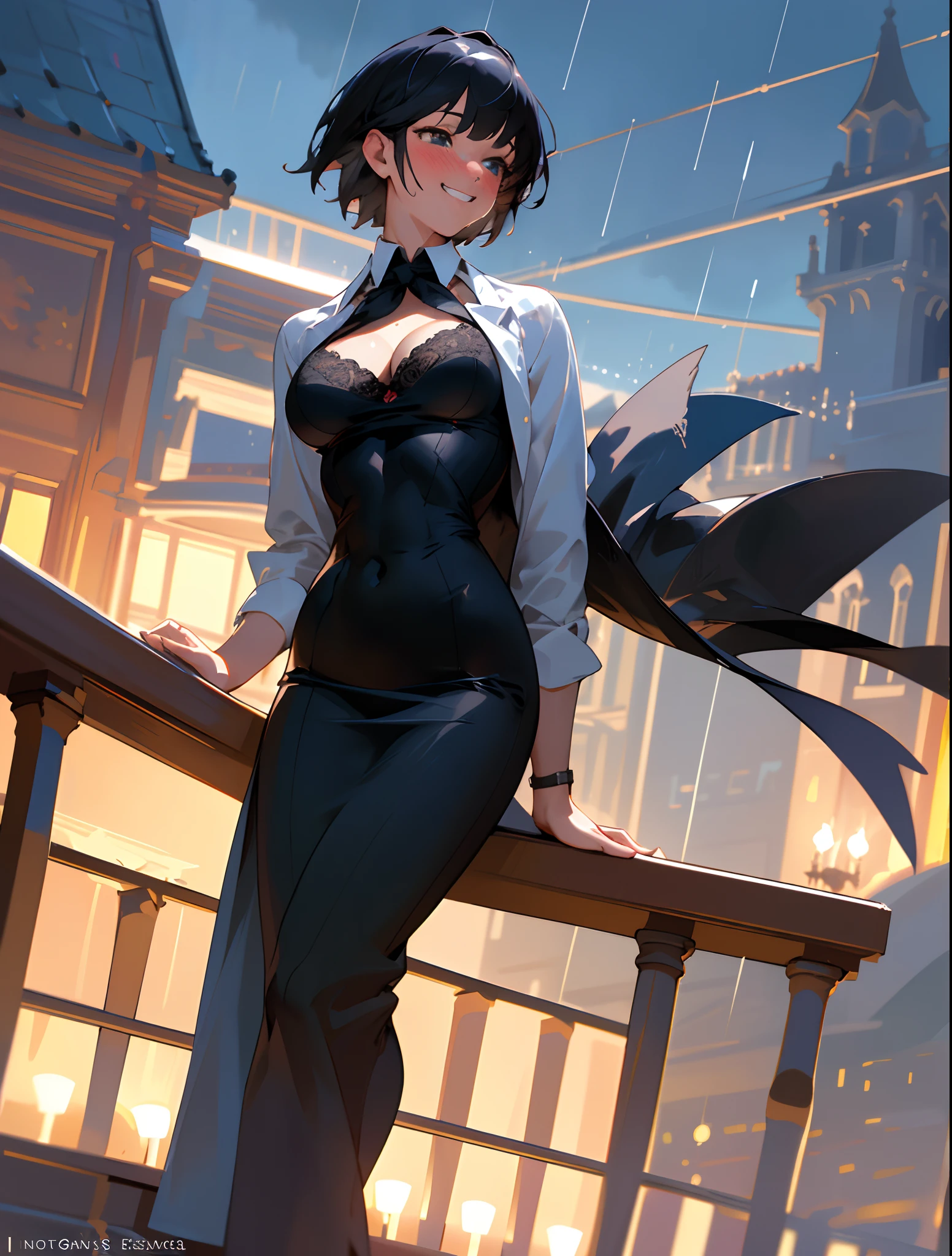 (8k, best quality, masterpiece:1.2), (realistic, photo-realistic:1.37), ultra-detailed, 1 girl,cute, solo,beautiful detailed sky,detailed cafe,night,sitting,dating,(nose blush),(smile:1.15),(grin) large breasts,(fantasy breasts), cleavage, beautiful detailed eyes,(collared shirt:1.1), night, wet,business attire, rain,black lace, (short hair:1.2),floating hair NovaFrogStyle, cyber, future, tight dress, six-pack abdominal muscle