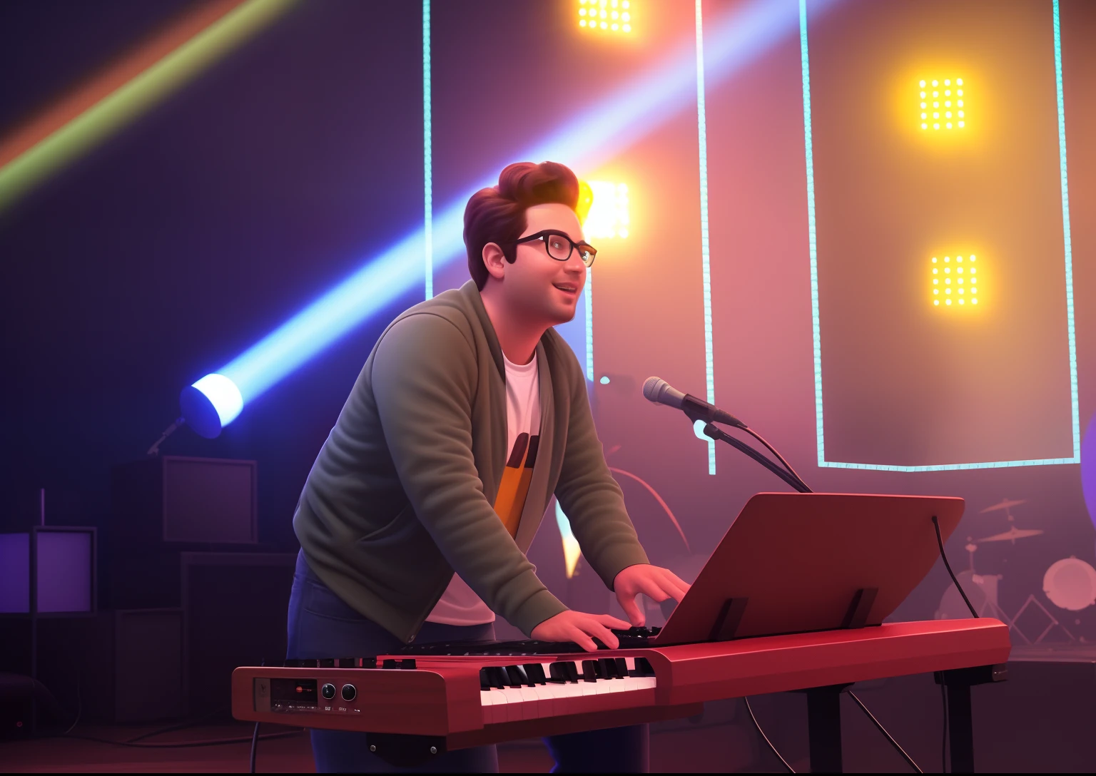 homem de 29 anos tocando um teclado em frente a um palco com luzes, Disney Pixar style 3D animation art