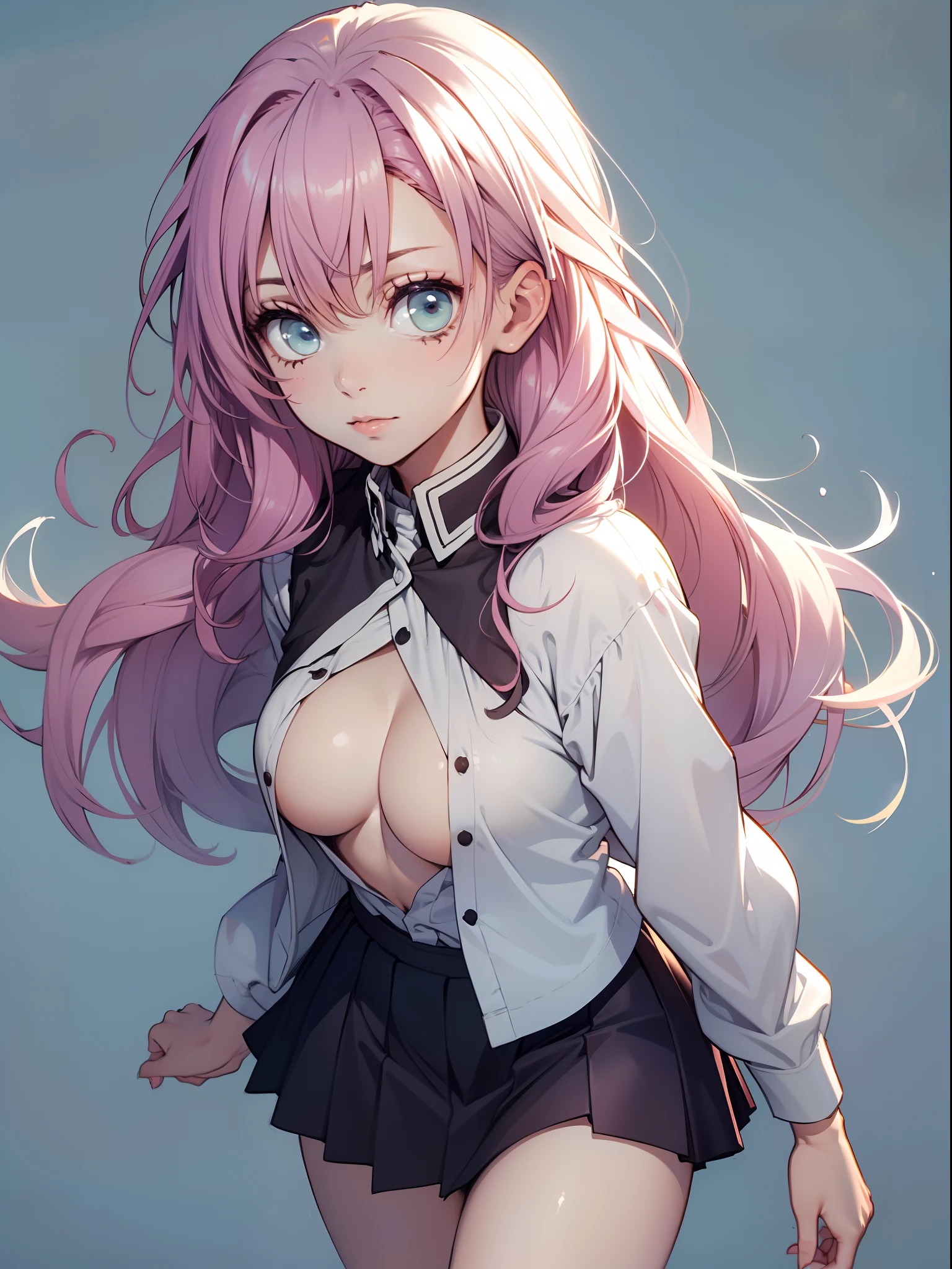 (best quality, masterpiece:1.2), 1girl, (medium breasts:1.4), beautiful eyes, blue eyes, cleavage, scool uniform, mini skirt, thighs, sketch, (simple background:1.2)