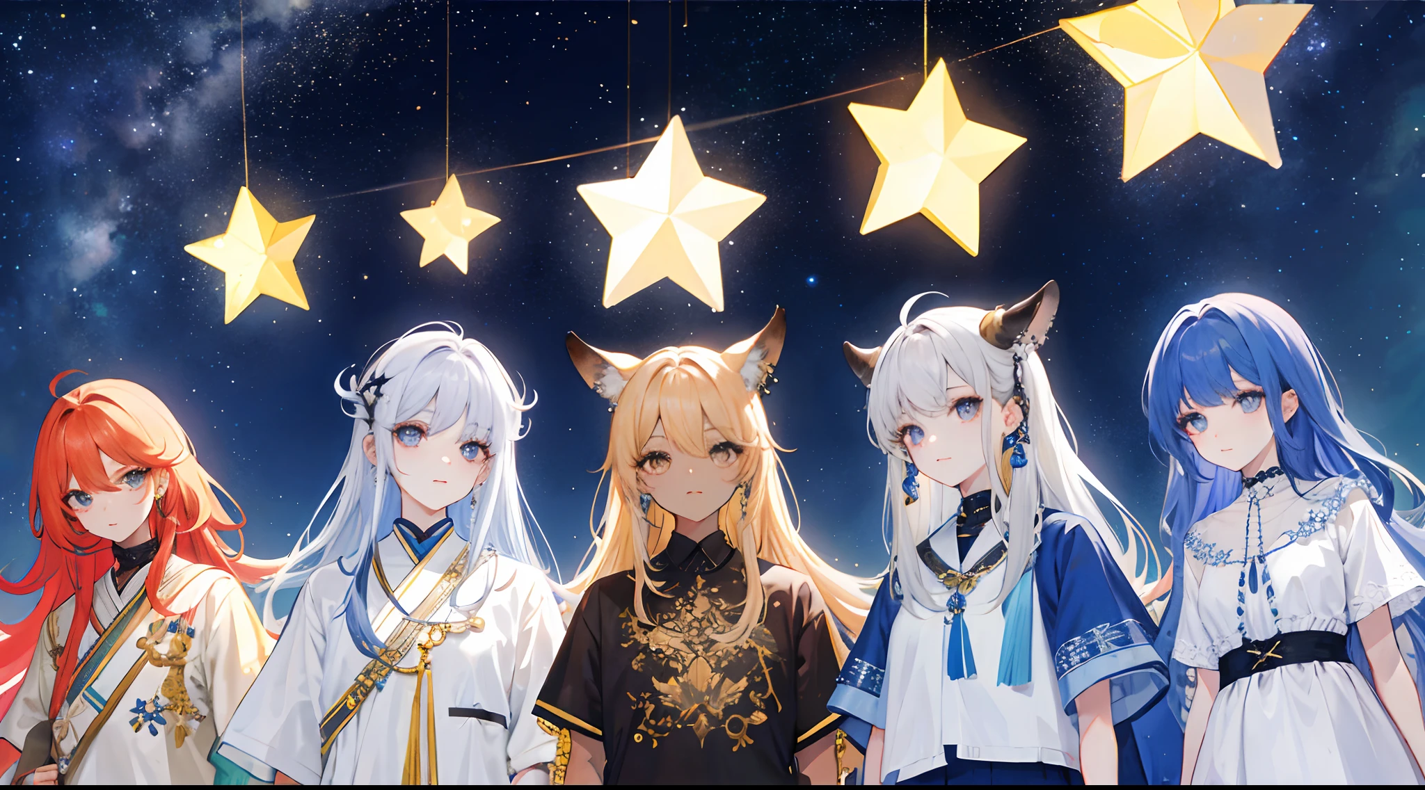 cabelos castanhos longos, olhos castanhos, Brown skin, Starry sky, piercings na orelha, Estilo coreano