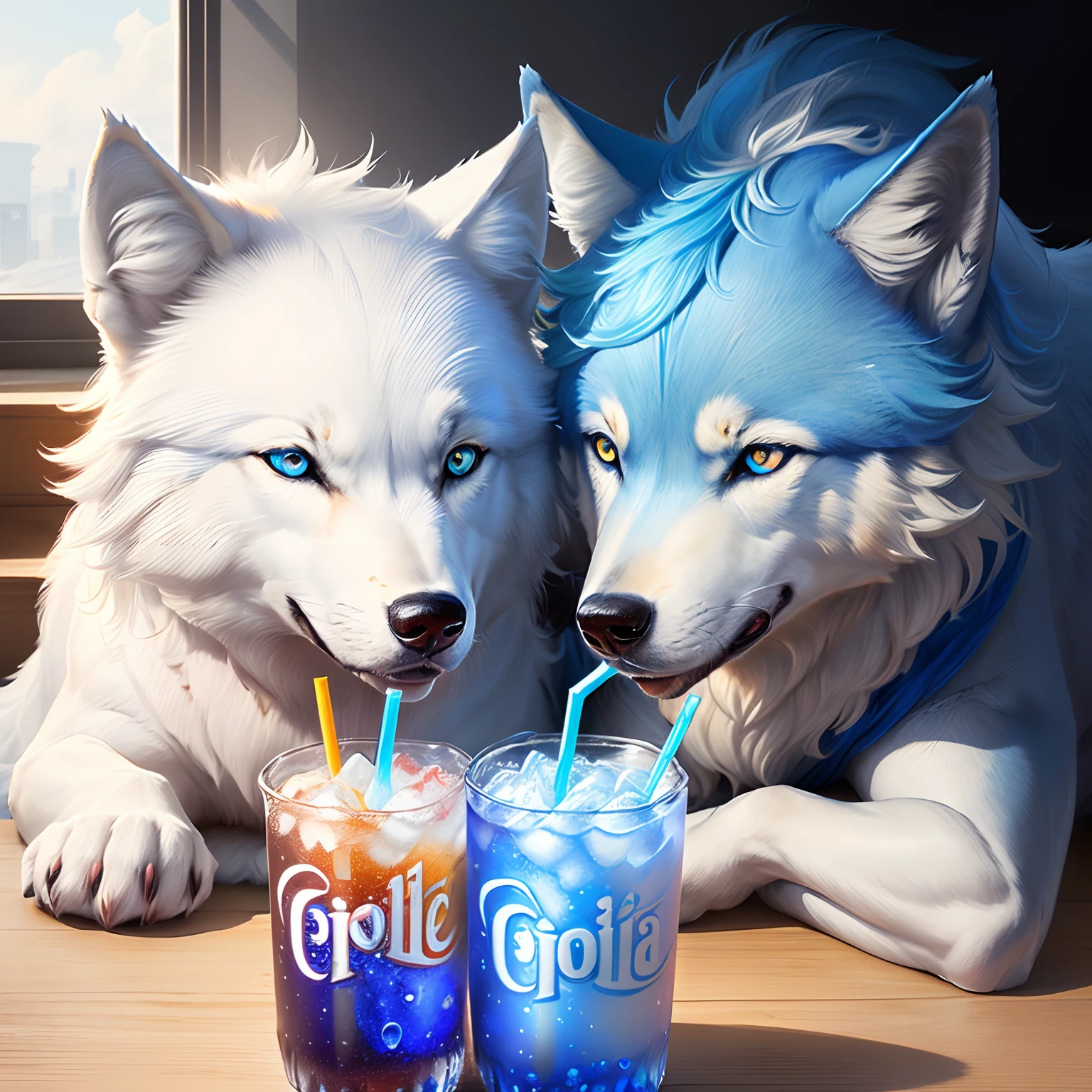 A white and blue wolf with blue eyes and a blue tuft on their head, drinking soda