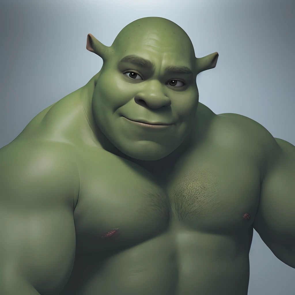 shrek as 1boy, handsome, bulk, muscilar  posing in a dark studio, (rim lighting,:1.4) two tone lighting, sharp focus, teal hue, octane, unreal, dimly lit, low key