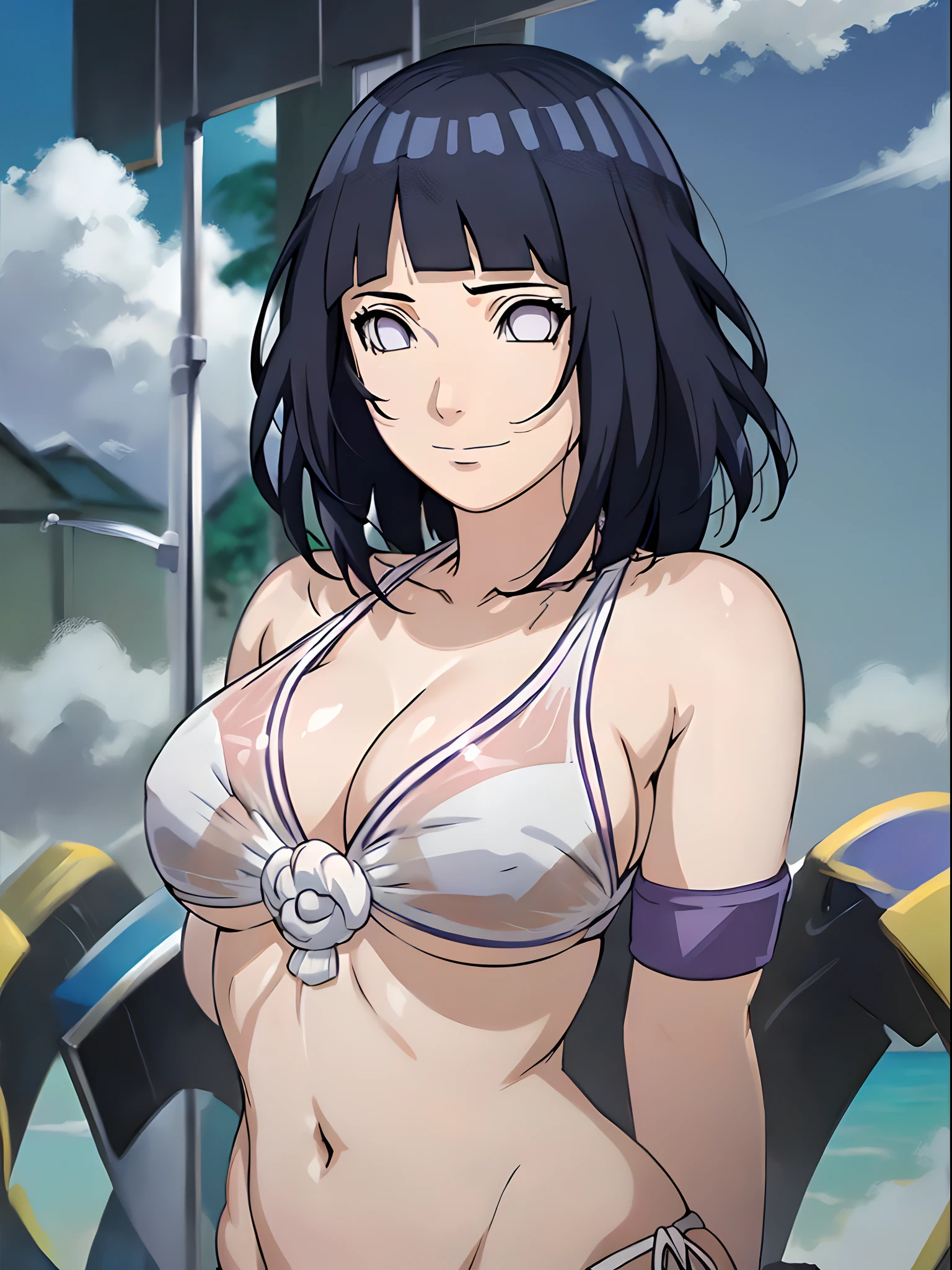 wind effect, crossed arms, cloud background, anime style, cute , beautiful mother, nice body, soft body, long belly, (hinata\(boruto\), (female wrestler), (slender body), mature woman , broad shoulders, off-shoulders, (transparent bikini, white bikini only,  pro wrestling outfit, bangles), smile, closed mouth, pale skin, cute, smile, (dark blue hair color:1.1), wavy hair, floating hair, ((short hair, hime cut, loose hair), big breasts, (only one arm stretching), long belly, (closed fists), , (perfect eyes, white sciera, bright eyes, white eyes, anime eyes)