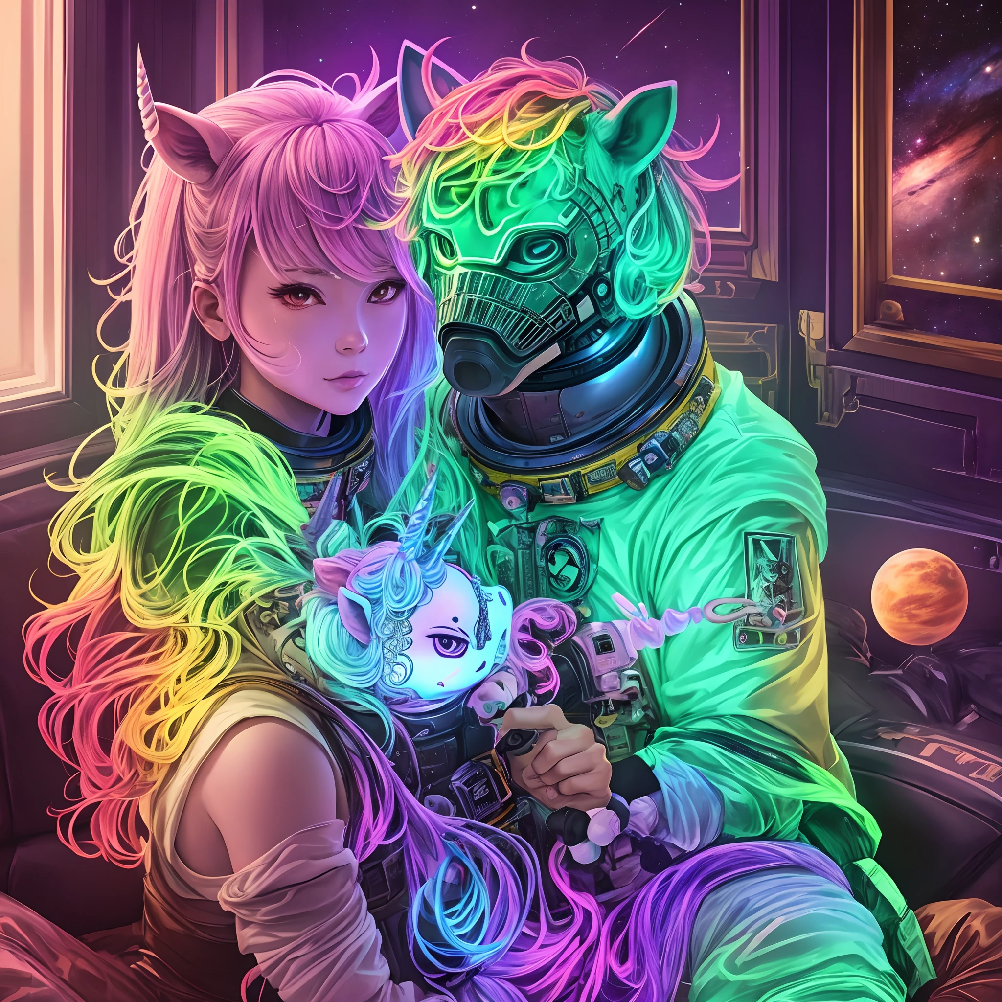 Neon Bioluminescent Samurai wearing  (unicorn) mask sitting on the couch beside cute (Alien) with (Neon-noir) rainbow technicolor aura, watching (Cosmonaut) floating in (space) scene, ultra detailed, intricate, spectacular colors, Alchemical Hallucination art masterpiece --auto --s2