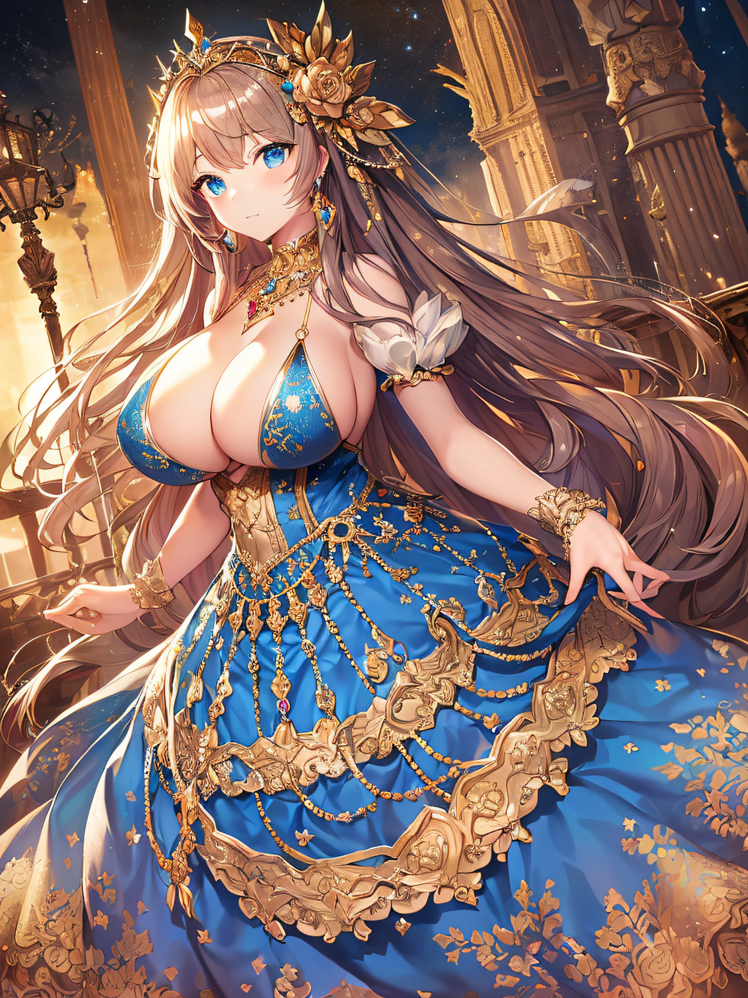 anime artstyle,Masterpiece,Best Quality,Super Detail,Very Delicate and Beautiful,Solo,full body,full body portrait,((1 princess in a jeweled rococo ball gown with beautiful embroidery)),((fantasy castle,outdoor)),((crinoline,long train)),super detailed gorgeous princess ballgown with voluminous full length hoop skirt,gorgeous princess rococo ballgown with big bows,gorgeous princess rococo ballgown with big bows,gorgeous princess rococo ballgown with beautiful embroidery and jeweled,(detailed face and eyes),jewel-like eyes,((large amount of straight hair,extremely voluminous Very Long Hair,Absolutely Long Straight Hair)),((((very gigantic boobs)),cleavage,Skindentation,extremely gorgeousfull hair ornament,bling-bling extremely gorgeousfull jeweled tiara,luxurious jewelry,full body