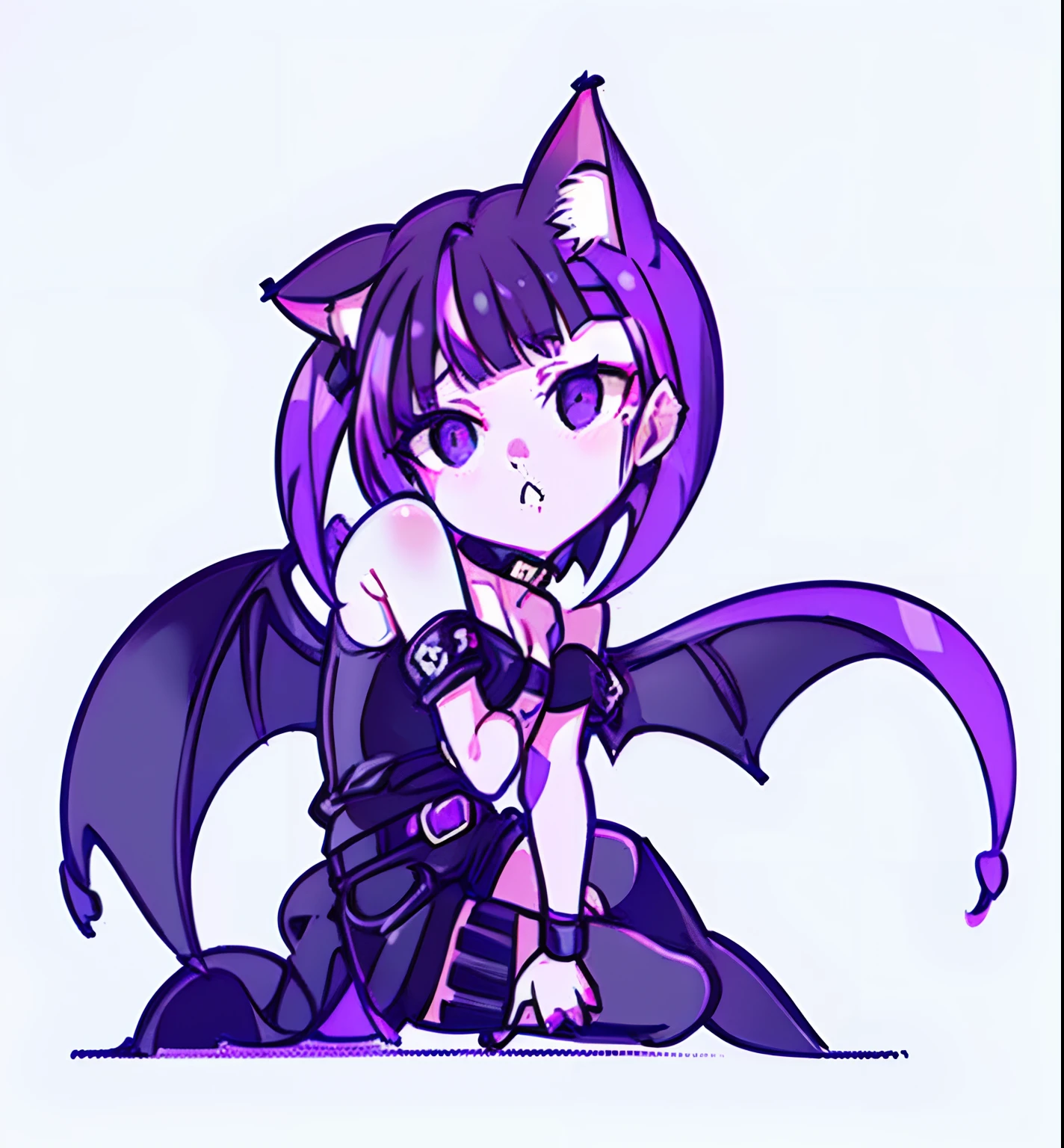 one character, change the pose and setting, but keep the design of the character the same, best quality, bar girl, goth girl, cat girl, neo goth, masterpiece, 1 girl, mea, (slender:1.3), medium breasts, ( black hair half - and - half hair:1.3), short hair, , (diagonal bangs:1.3), (short hair:1.2), (purple colored inner hair:1.2), (detailed brown eyes:1.1), goth fashion, (black shirt:1.3), (black high waist shorts :1.2), (looking at viewer:1.3), bat girl, bat wings, choker, thighhighs, (black eyes:1.3), white background, 3/4 body
