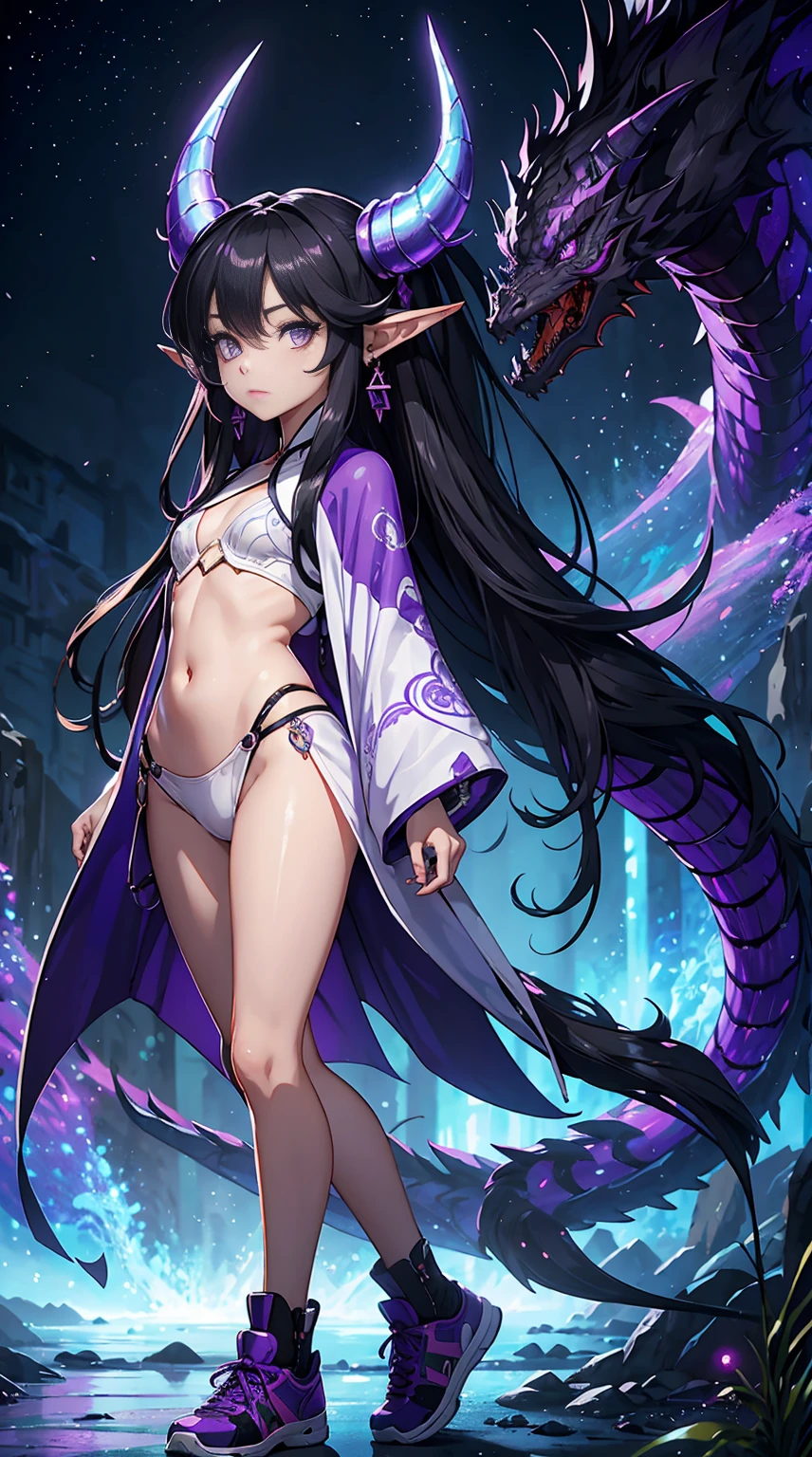 8K, realistic, Ultra High Definition, Super detailed, Shiny detailed hair, dragon eyes, purple eyes, large eyes, dragon ears, detailed and shiny eyes, detailed face, fantasy landscape, solo, looking at viewer, {{best quality}}, {{masterpiece}}, {{ultra-detailed}}, {detailed light}, black hair, long hair, purple horns, beautiful earrings, beautiful, skinny body, white skin, kimono, futuristic and brightly colored sneakers, standing in suggestive pose