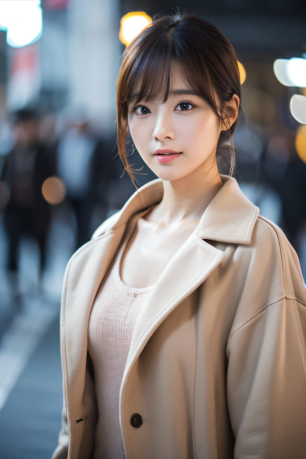Korean Women、Realistic photo shoulder length hair、Thin makeup、Small breast size、Wearing a coat、Clear facial features、8K High Resolution、sharp and realistic details、From the outside、Eye level shots、Background blur、full body Esbian、F / 4.0、135 mm、Fuji Film、jpegartifacts、dithering、nffsw、masterpiece