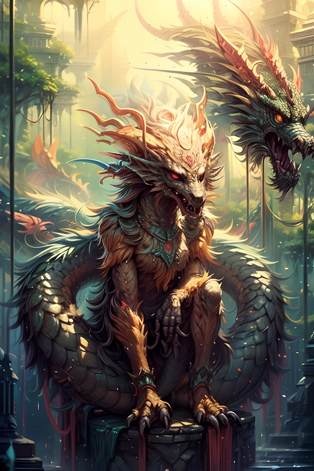 a painting of a dragon with a long tail, mythical creature, symmetrical epic fantasy art, detailed fantasy digital art, detailed digital 2d fantasy art, detailed fantasy art, ancient creature, digital painting of quetzalcoatl, fantasy creature, highly detailed fantasy art, epic fantasy digital art style, digital 2d fantasy art, fantasy art behance