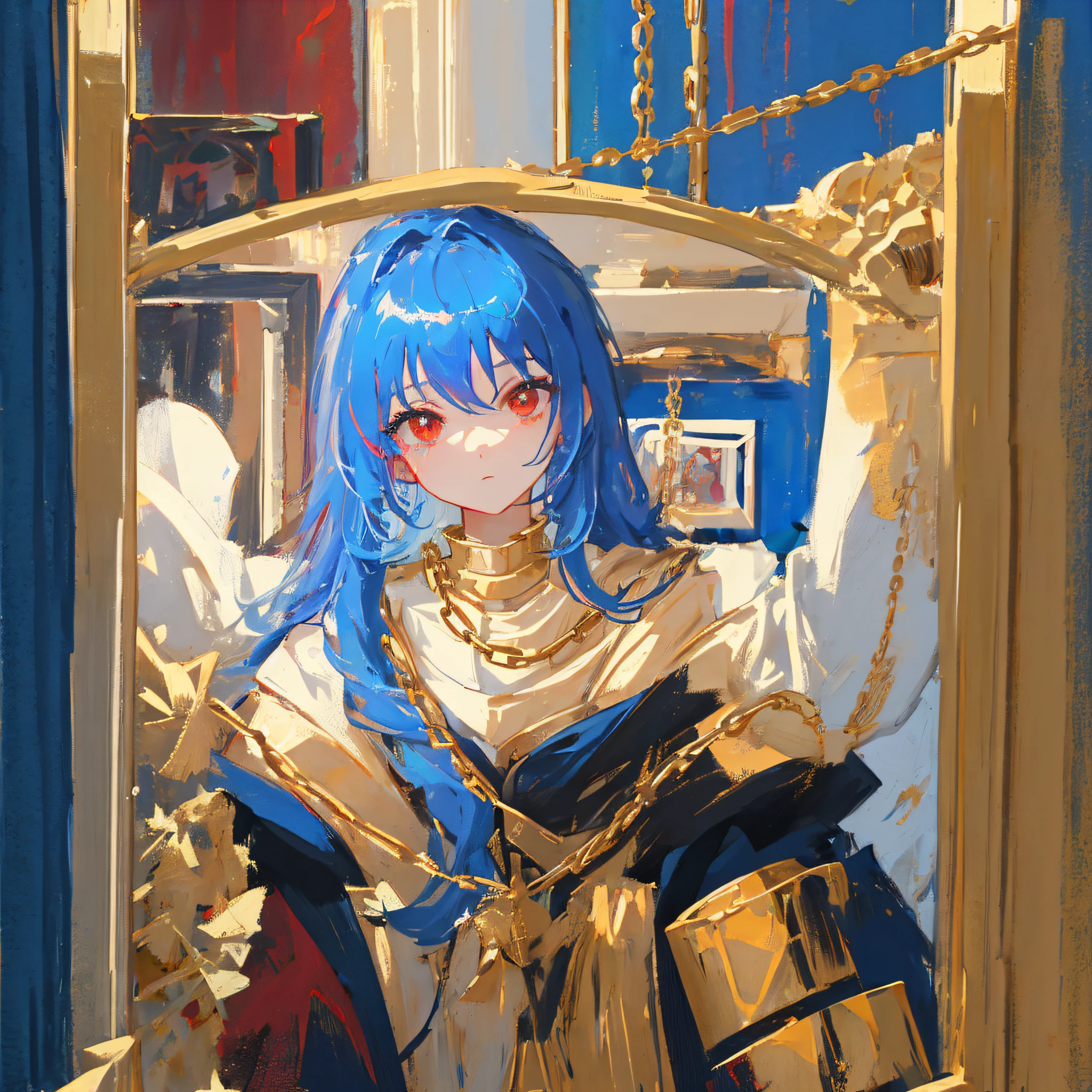 1 girl, close-up, room with paintings on the walls (portraits), long light blue hair, red eyes, gold chains, upper body, looks at viewer, detailed, no hands