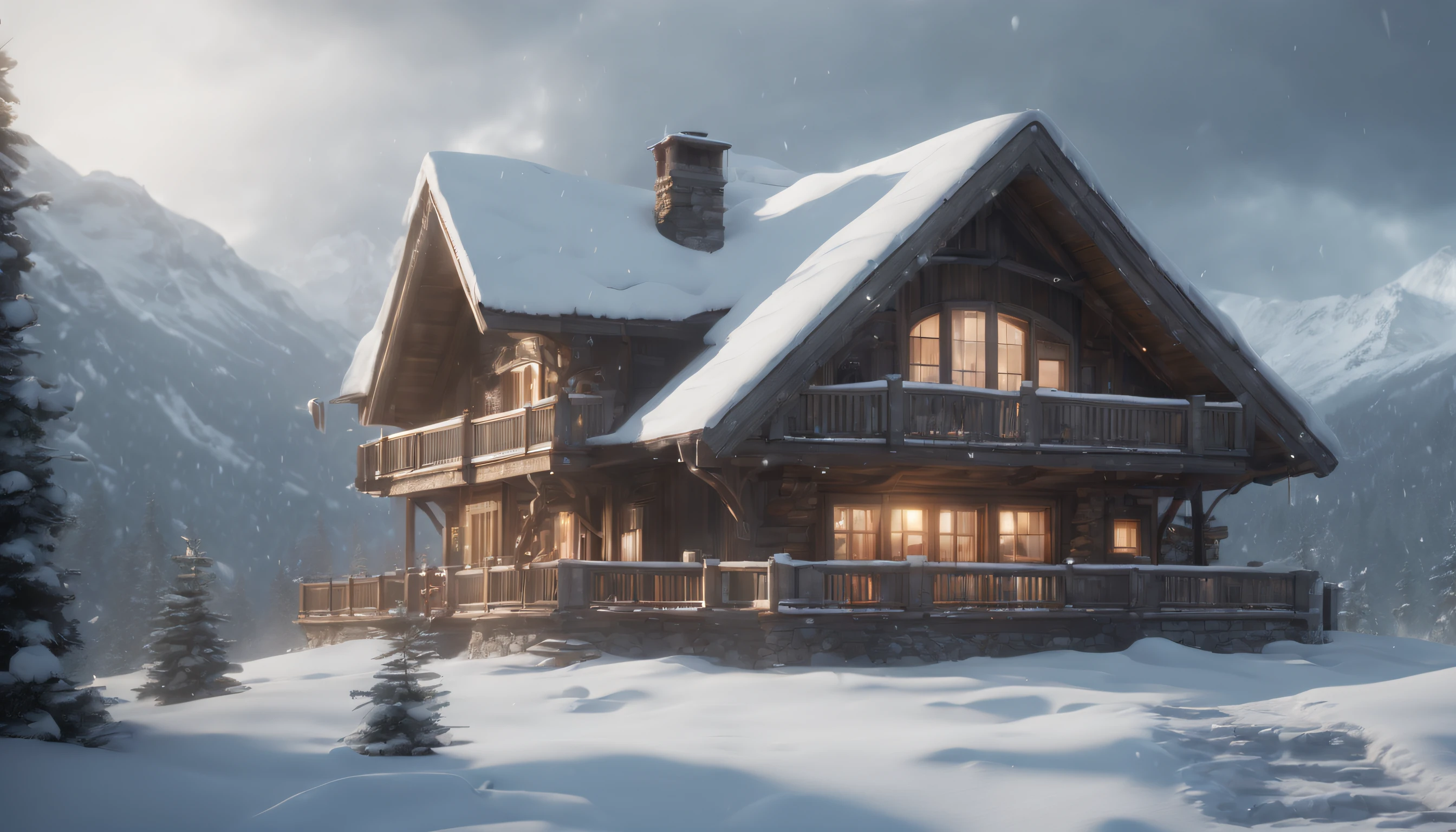 (best quality,4k,8k,highres,masterpiece:1.2),ultra-detailed,realistic,photorealistic:1.37,a beautiful house in the mountains in a snow storm with (((Snow Accumulation))) on the roof