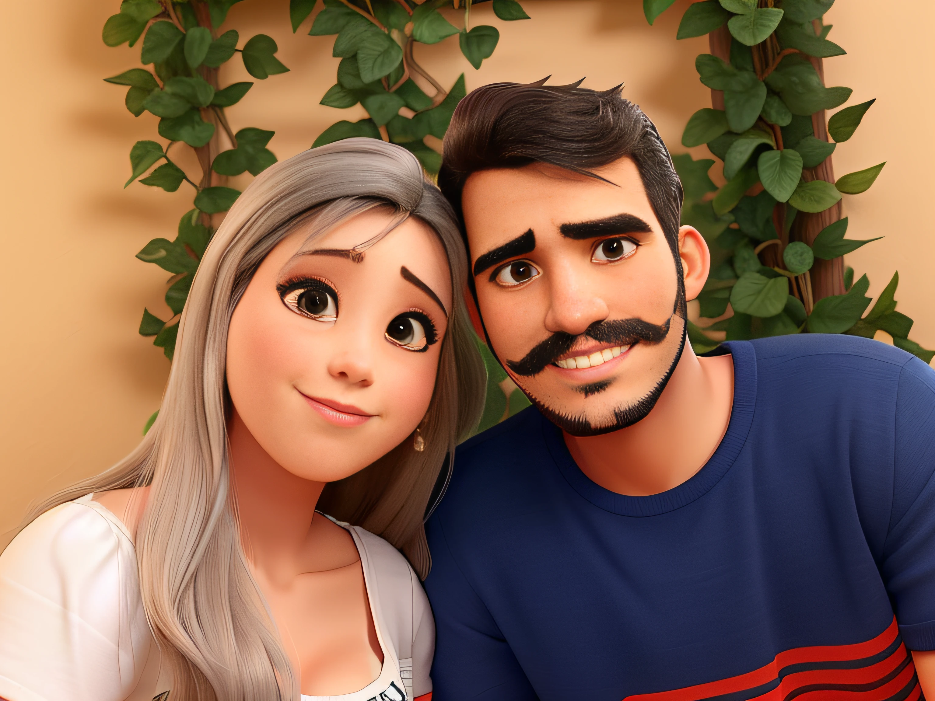 casal, mulher de cabelos longos loiros, olhos castanhos, homem com cabelo preto, barba e bigode