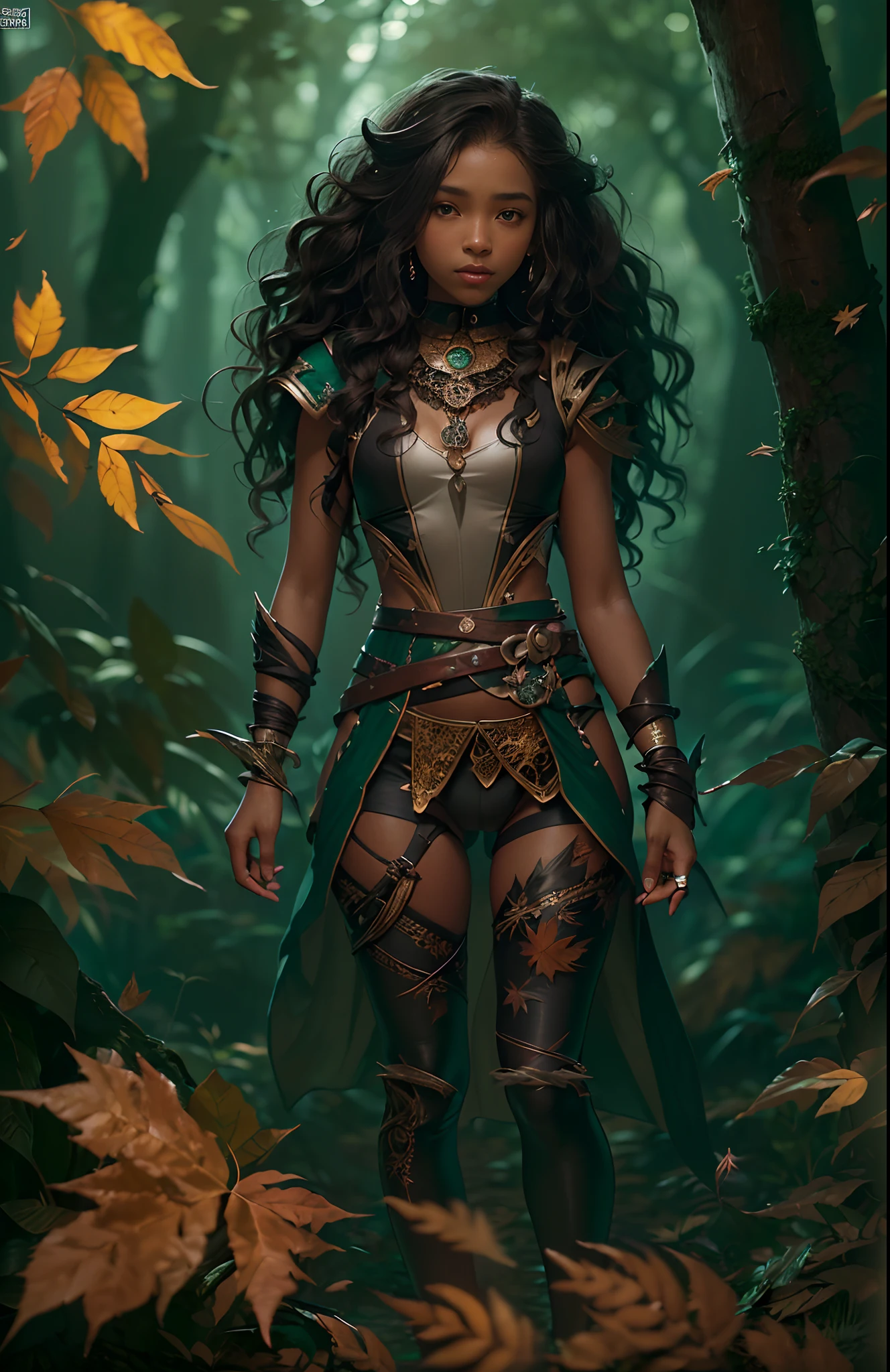 ((7-year-old))) black girl, (((light skin))), druid, magical aura surrounding her, she is in a mysterious dark forest with monsters surrounding her, (((thigh gap))), (((cameltoe))), (((close-up full body pose))), long black wavy hair, high heel boots, (((wearing leaves))), (((Dungeons and Dragons style art))), fantasy art, Rich, Deep Colours, (intricate details:0.9), (HDR, hyper-detailing:1.2), (natural skin textures, hyper realisitc, soft light, Sharp),