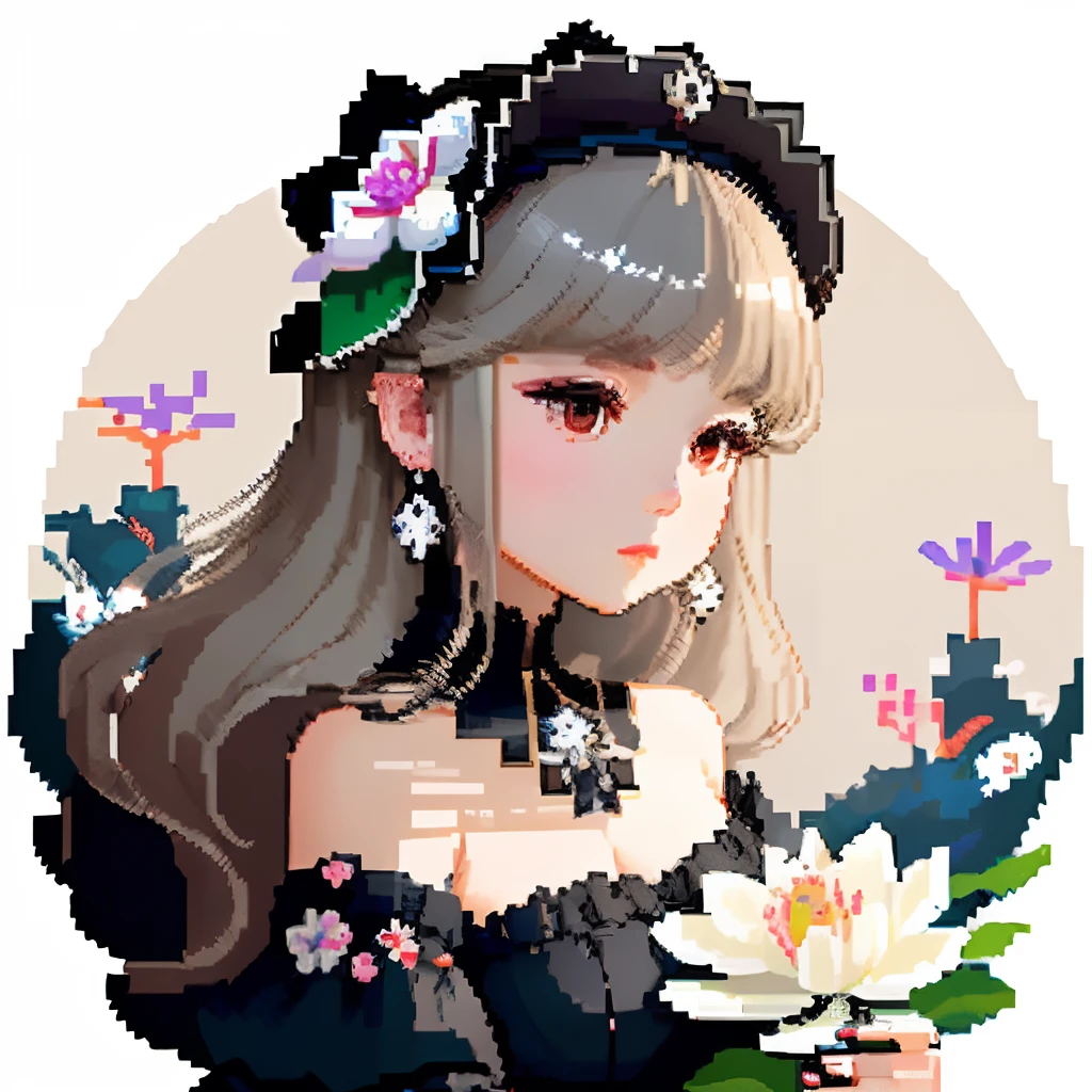 She was dressed like a glamorous jewel,large earring、Lots of flowers、 Gothic White、Colorful Floral Decoration Costume、Girl with dull grey long S-shaped curls、Look back and look at this.、Pixel art、Pixel Art Illustration、pixels、Plain background、Upper body、For icons、pixels_Art Book,Composition centered on the face、Black lily flower headdress、Katyusha、pixels、Game-style illustration、Pixel art、pixels、without background、The background is all beige、pixels、Large anemone flower ornament、Loose fluffy、White background、Gothic fashion、simple background、