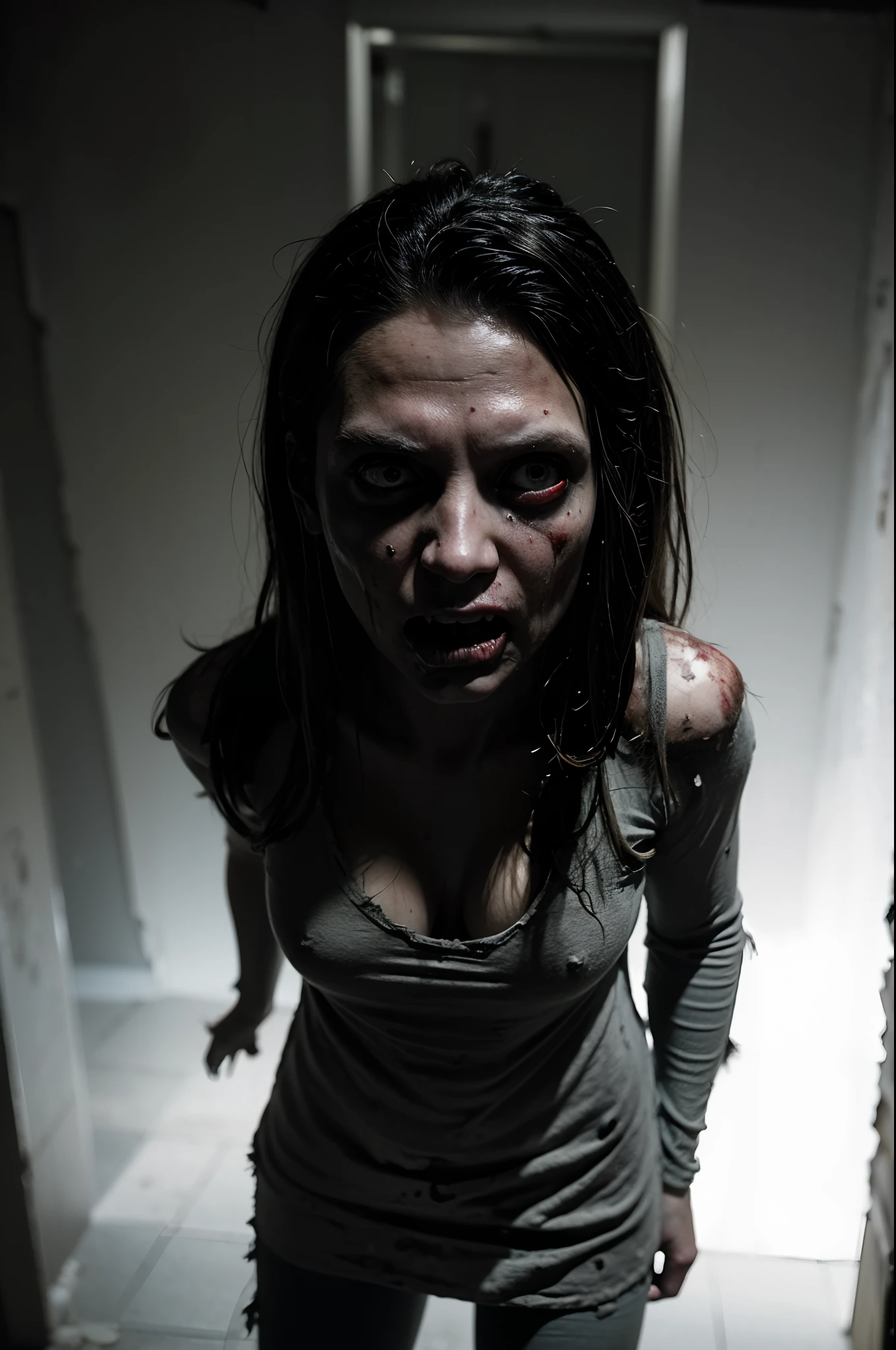 scary,zombie girl,walking dead,(best quality,4k,8k,highres,masterpiece:1.2),ultra-detailed,(realistic,photorealistic,photo-realistic:1.37),dark atmosphere,mysterious lighting,horror genre,creepy,decayed flesh,blood splatters,rotting clothes,sharp teeth,empty eyes,horror movie scene,abandoned street,post-apocalyptic setting,horde of zombies,horror makeup,haunting expression,undead creatures,eerie shadows,ominous atmosphere,disturbing,terrifying,nightmare-inducing,macabre artwork,dark and twisted,horror masterpiece,sinister,ghoulish,evil presence,creepy scenery,horror-themed art,frantic screams,spooky ambiance.
