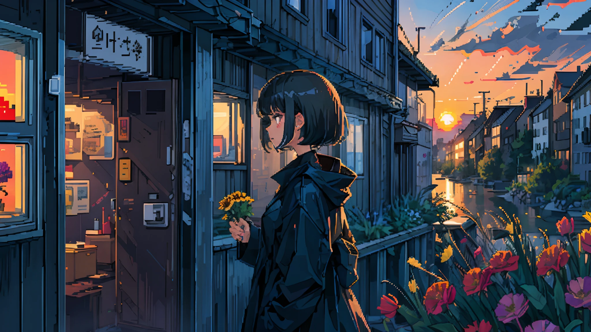 girl with, Black coat, A dark-haired, Will, Entirely in pixel art, short-haired, holding a flower, during a sunset, A dark-haired profile study sitdown