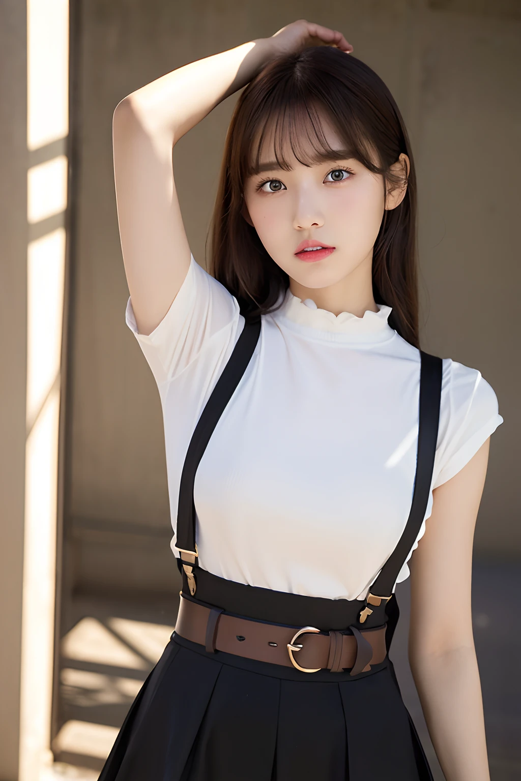 ​masterpiece、flat-colors、depth of fields、lens flare 1 girl、、Brown hair、watching at viewers　　　black suspenders　　　bulging big breasts　　　 　 Armpit sweat　perspiring　Side of both hands　　walls: 　Black pants, Black Suit Chain　　　　　arma　Gaze　　　Small face　Bangs Upper Eyes　flank　　Colorcon　Cutter shirt　holster　chain　a belt