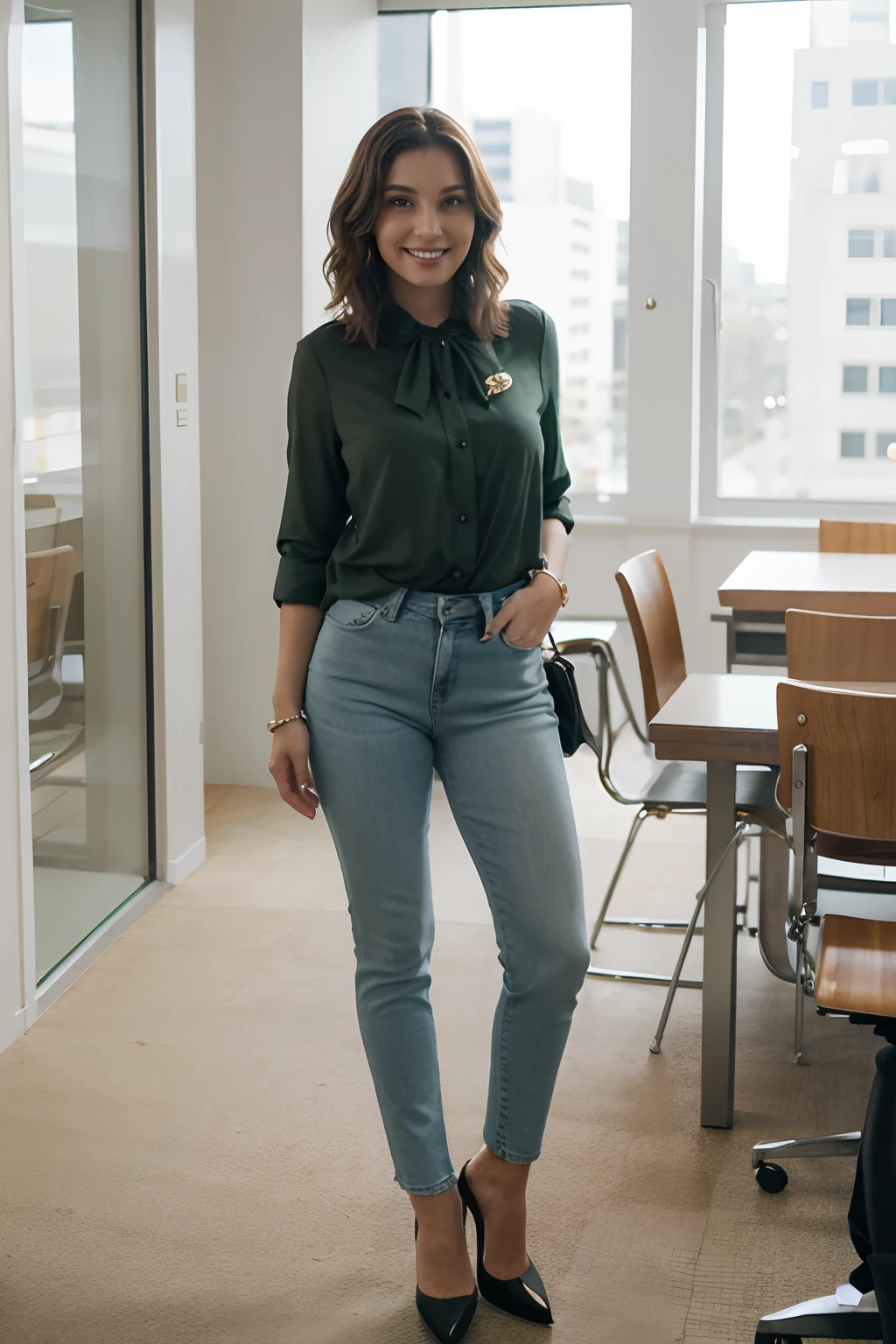 Woman, short wavy brown hair, 30 years old, smiling, businesswoman, meeting, presentation, business, full body, wearing a green blouse with white badge, blue jeans, black high heels