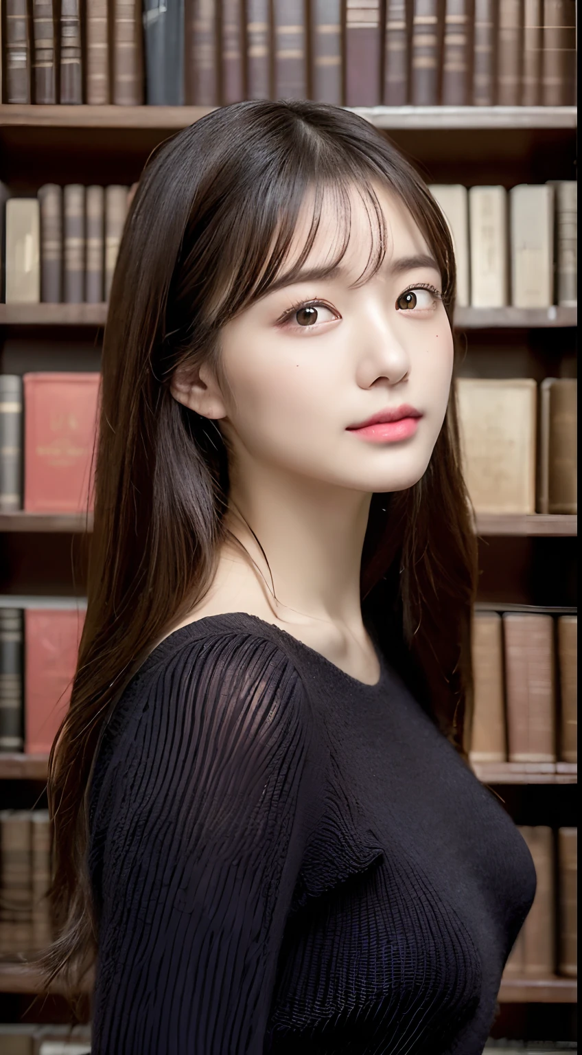 (Highest Quality,realisitic,Photorealsitic,extremely delicate and beautiful,Highly detailed,finely detail,ultra-detailliert,hight resolution:1.3),japanes, femele、(age19)、Viewer's Perspective　((Beautiful and shiny straight semi-long hair))、Bangs are parted in the middle　Embarrassed look　((Half-open lips)),(Beautiful fece:1.2) (kawaii:1.3) front facing　((Half-open lips)),Beautifully groomed hair　((The background is inside a very fashionable luxury library at night:1.3)),((Accurate and detailed human body:1.3)) ((Fashionable Trending Fashion))　((fashion modell:1.3)),Gravure model for fashion magazine　Very classy　Intellectual　((Slightly thicker dark brown knit sweater))long  skirt　Inside a beautiful high-end library　Take a seat at the table with the audience　ssmile　((Detailed, ultra-quality, Realistic face reproduction:1.3)