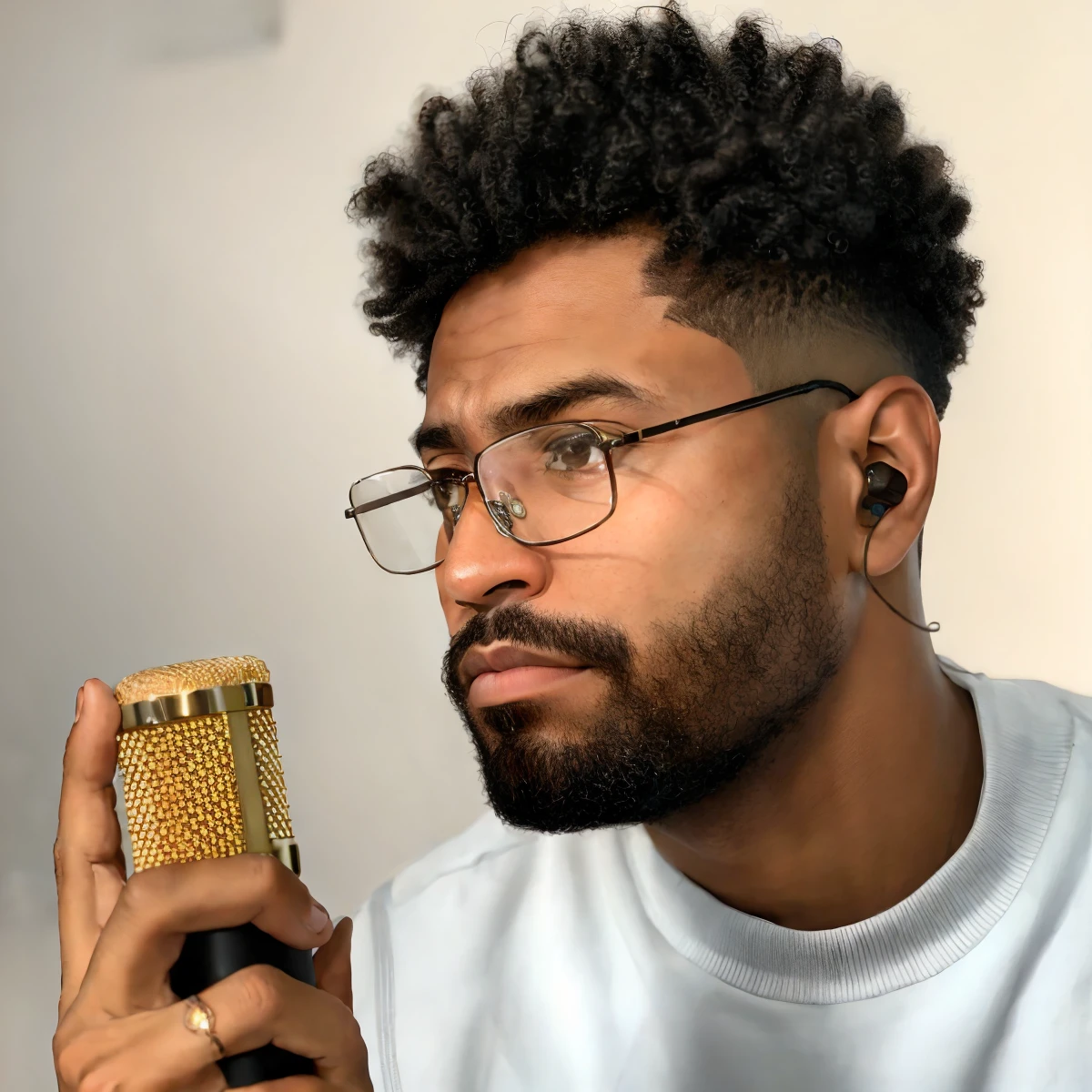 There's a man with glasses holding a hairbrush and a comb, No estilo de Tyler Mitchell, Foto em estilo de Tyler Mitchell, retrato de alta qualidade, Riyahd Cassiem, homem negro com cabelo afro, segurando um microfone, microfone de segurar, taken in the early 2020s, mariposa franca, sentado em frente a um microfone, foto de retrato detalhada