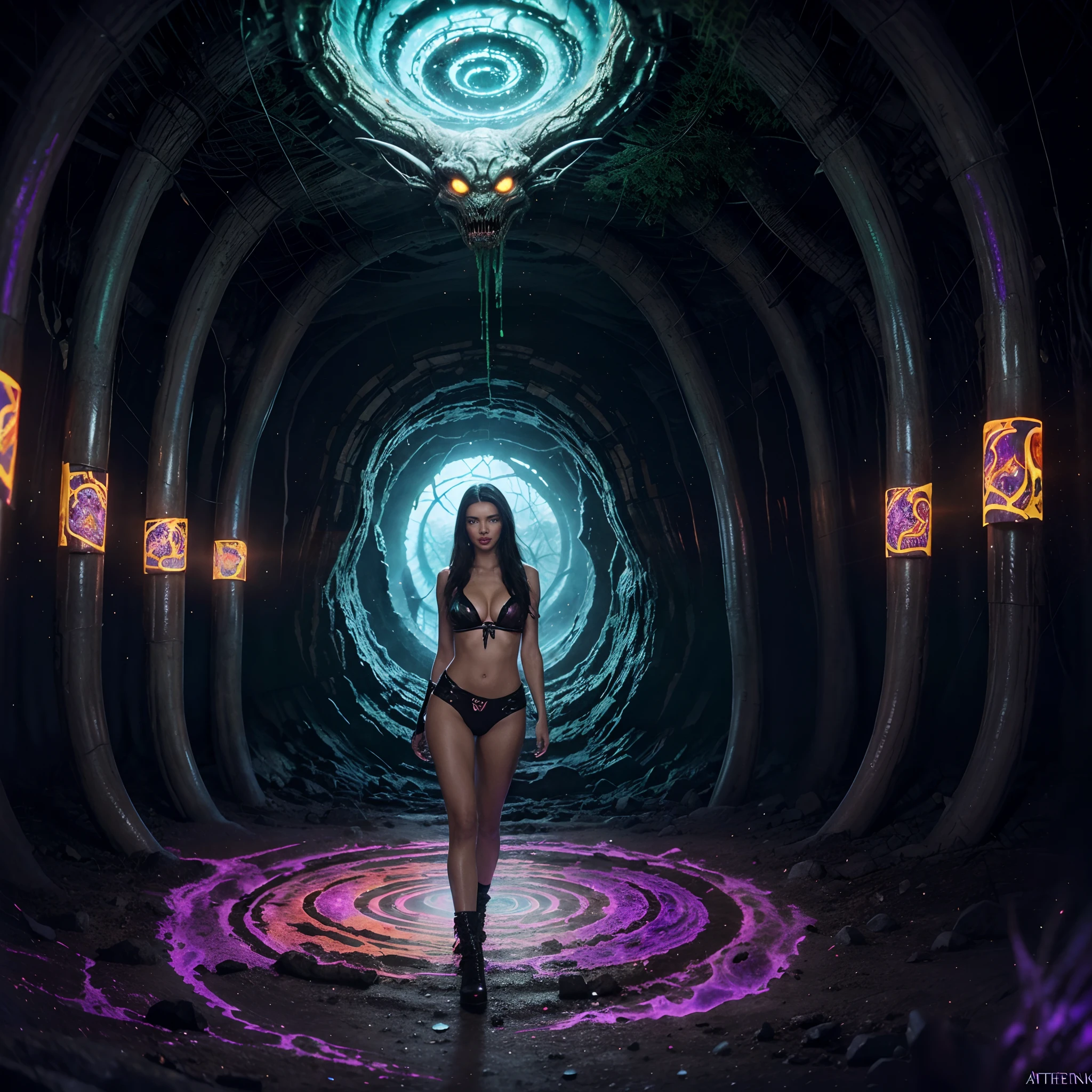 there is a woman (Adriana Lima :1.1) red lips, green eyes, and a monster, studying a hell open rift portal, deeper into the metaverse we go, while tripping on dmt, the encrypted metaverse, background artwork, evil realm magic painting vibes, dmt realm, conjuring psychedelic background, aliens in the background, psychedelic visuals