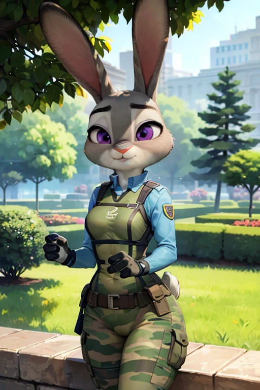 brown military camouflage uniform, peaceful garden, lonely girl, Judy Hopps, adorable face, cute expression, perfect anatomy, beautiful scenery, detailed face, best quality, realistic, ultra-detailed), vibrant colors, soft lighting.