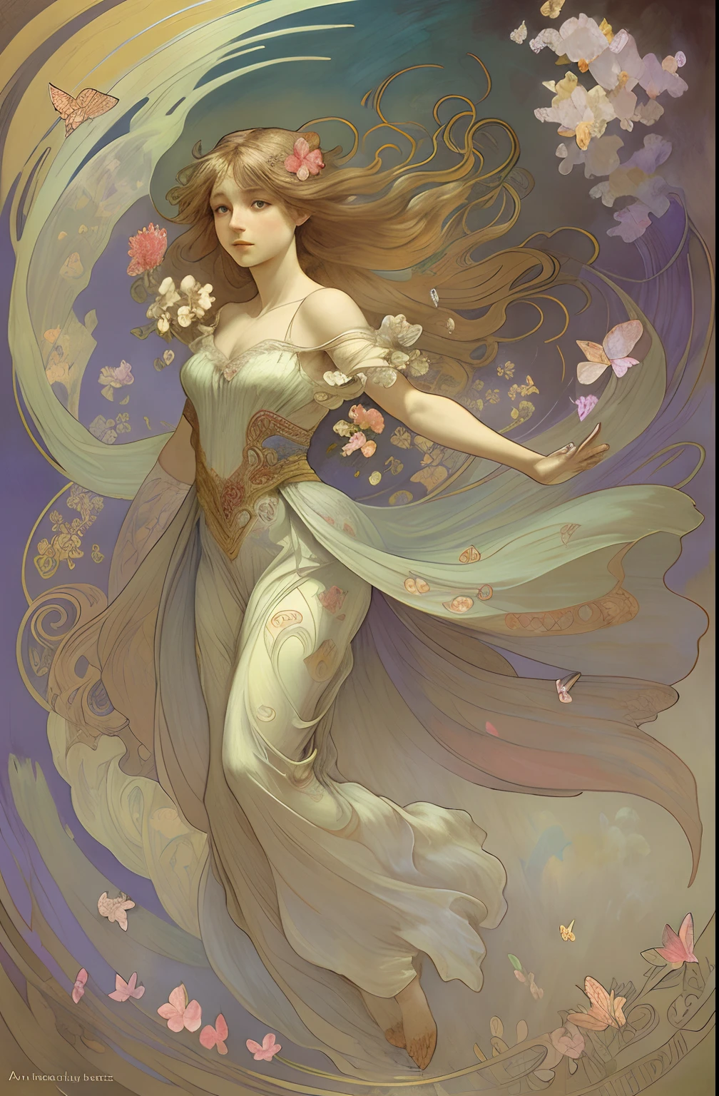 the chaos, Elegant, Vivid colors, fine art:Alfons Mucha, Atmospheric, girl with, Elegant, butterflys, blooming flowers, In motion, Dramatic, Full body, Organic composition