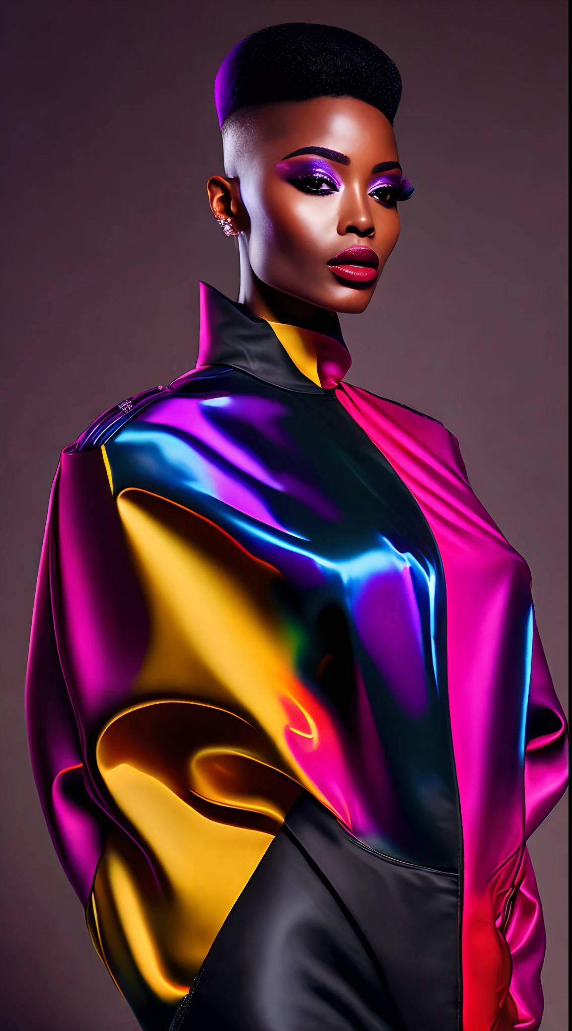 an AFRICAN woman a pair of glasses, Tapered hair, well cut, well shaved on the sides and back, style, a crazy piece in the 90s piece, brincos, Colorful Trackextura latex jacket, glamour da cor do retrato, retrato colorido detalhado, retrato de alta qualidade, cor neon sangrar, Retrato colorido, color studio portrait, cores ultravioleta e neon, full-colour illustration, cores vibrantes hiper realismo, cores neon vibrantes, pop e cores vibrantes, moda colorida, cor neon, cor estilo cyberpunk, iridescent illustration(best quality,alto,ultra-detalhado,Realistic:1.37),retrato,personagem feminina,red latex military jumpsuit,(encaixe apertado,recuado,preciso,elaborar),Solid Bottom Shaved Side Hair Short Top, corte de cabelo preto pixie undercut, cabelos naturais, cabelos cacheados e curtos, laterais raspadas, short hair on sides of head, cabelo preto curto com gel, corte de cabelo de cortina curta preta, cabelo curto preto encaracolado, contornos definidos suavesum close up de uma mulher com um vestido de cor brilhante e uma jaqueta vermelha, fashion color studio lighting, dramatic lighting and colors, cores ultravioleta e neon, mulher futurista da moda, colourful dramatic lighting, retrato futurista da mulher, afrofuturista, glamour da cor do retrato, Trump Akech, cores escuras e vibrantes, Afrofuturista, estilo afrofuturismo, cores vibrantes e profundas