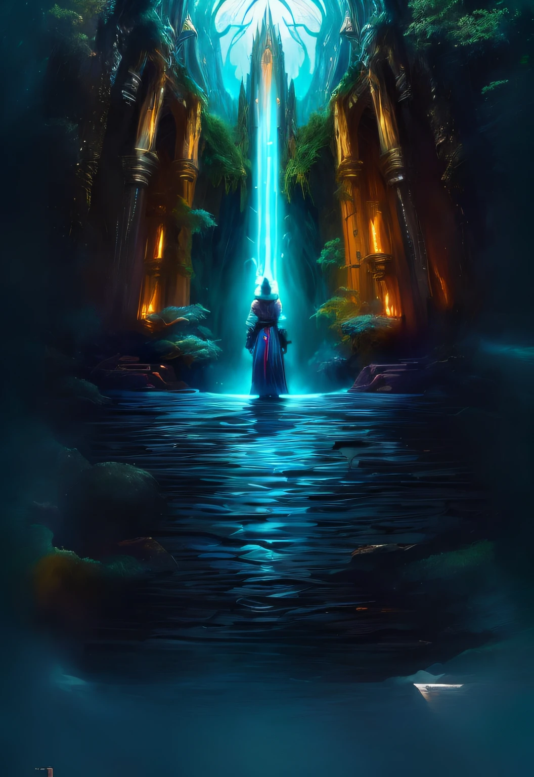 A closeup of a person standing in front of a waterfall, Estilo Andreas Rocha, Epic Fantasy Digital Art Style, Symmetrical Epic Fantasy Art, Pintura digital de fantasia, fantasy epic digital art, inspirado em Andreas Rocha, epic fantasy digital art, portal to the ethereal realm, arte digital de fantasia detalhada, epic fantasy sci fi illustration, Arte de fantasia 4k