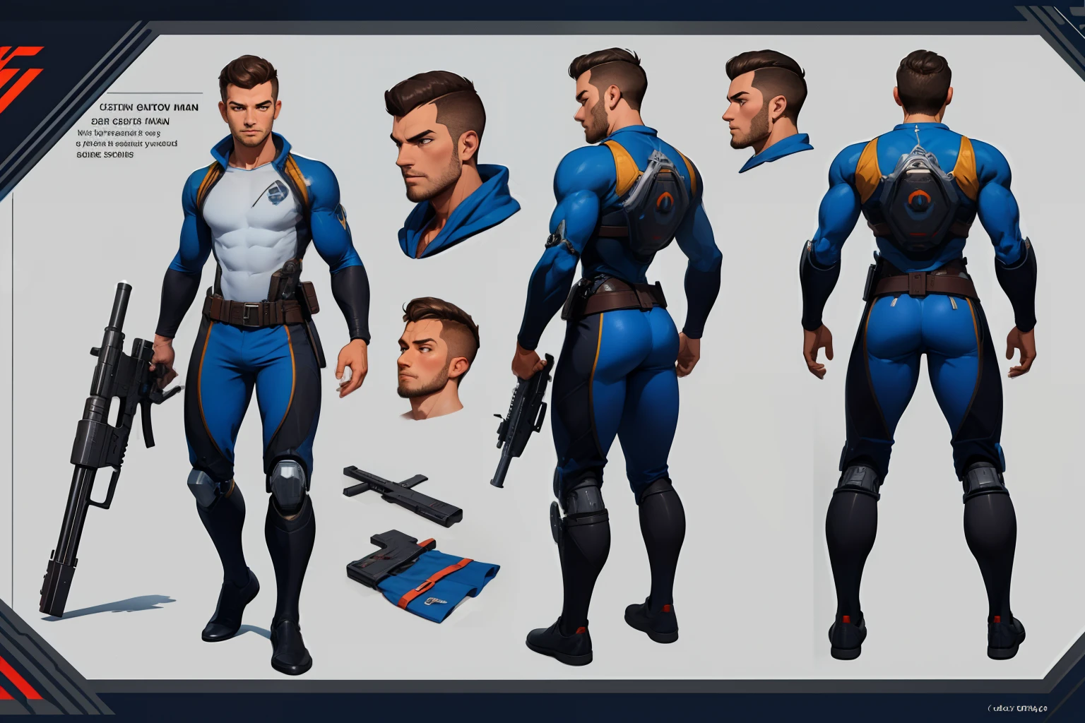 ((Masterpiece, Highest quality)), Detailed face, character design sheet full bodyesbian, Full of details, frontal body view, back body view, Highly detailed, Depth, Many parts, male cyborg with guns，muscular, handsome, futuristic costumes.