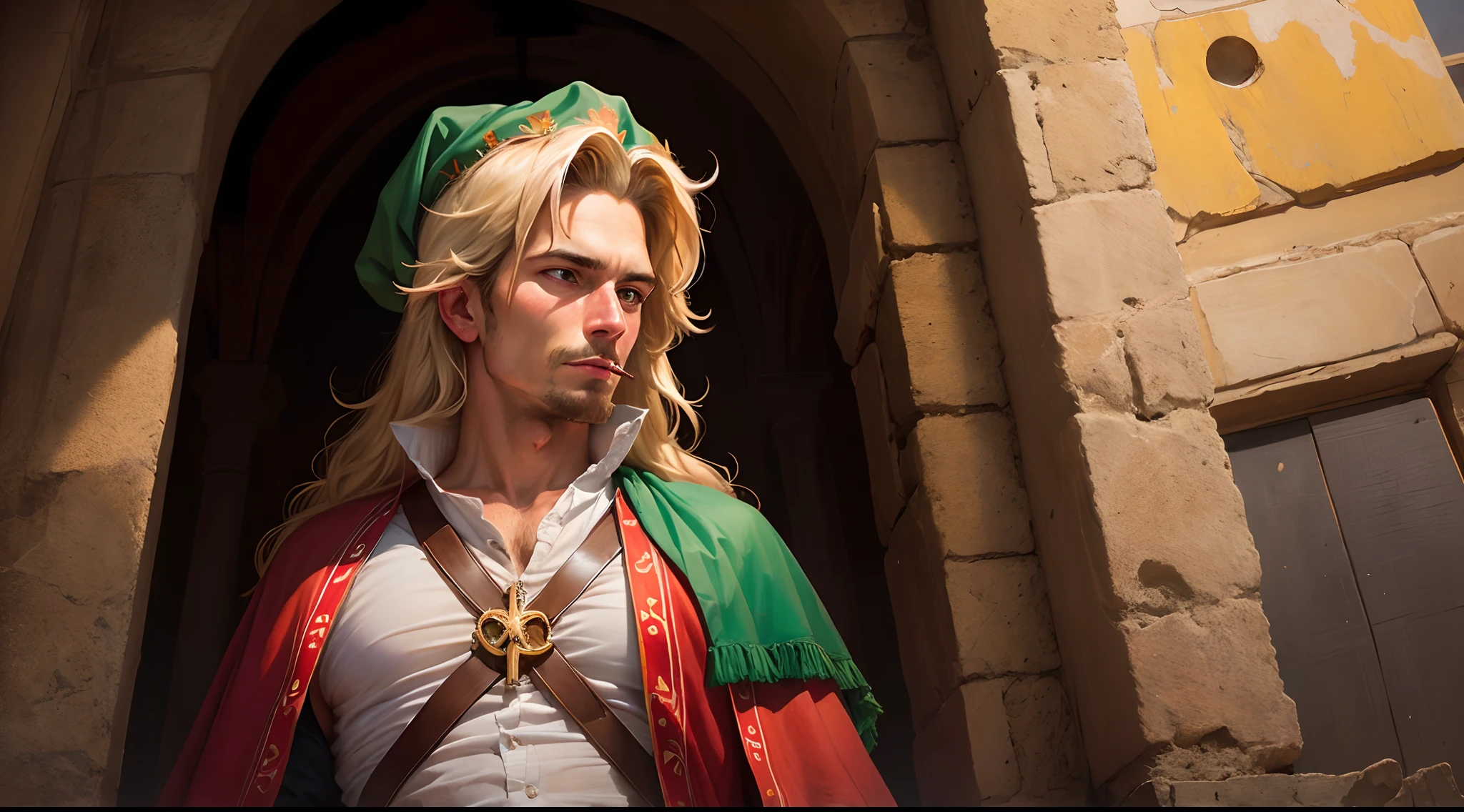 Neels Visser is a prince who has golden blonde hair, wears a green medieval military outfit