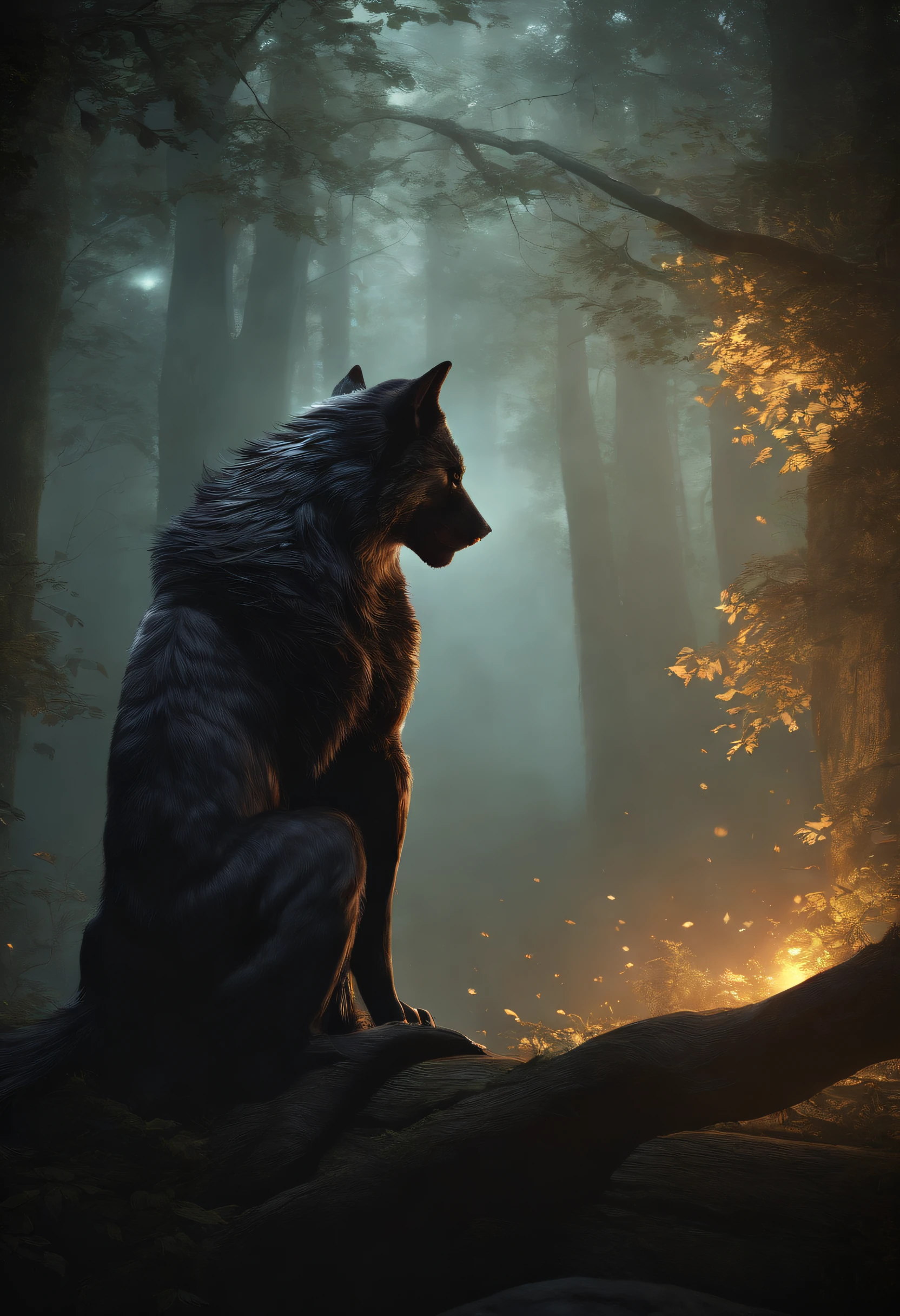 Close-up of 1 werewolf, with long spiky black hair, red eyes, His skin is pale, His sharp and intimidating red eyes have distinctive features, His facial lines are masculine, attractive, fierce, black claws, full body, shoulders wide, Abs, masculine, muscular, imposing, very tall, attractive, intimidating, Masterpiece, absurd, Best quality, Intricate details, kissing his wife's neck (Hinata Hyuga), Dressed in white, delicate, with black hair very long bluish with straight bangs and two long strands that frame his face, white eyes without pupils, His skin is pale like white jade, couple, hugging, romance, Hetero couple, 1 man + 1 woman, Concept art of the dark forest, Dark fantasy forest, Dark fantasy art, Dark fantasy style art, Dark fantasy concept art, Dark fantasy background, DND in a dark forest, Epic fantasy digital art style, male, An illustration of an ominous landscape fantasy, Dark fantasy concept art, standing in a dark forest, A sinister fantasy illustration, Dark fantasy landscape, 8K fantasy art, Masterpiece, Best quality, (CG 8k panoramic backgrounds, High quality unit and very high resolution), (Best quality), (Best Work of Art), (Best shadows), Forest theme with natural elements. Tall trees, seen from afar, Calm streams, small glowing mushrooms surrounded by delicate leaves and branches, with fireflies and glowing particle effects, (Natural elements), (Jungle theme), (leaves), (Twigs), (Fireflies) ), Butterflies, (Delicate Leaves), (Glow), (Particle Effects), Isometric 3D, Octane Rendering, Ray Tracing, Super High Resolution, Forbidden Forest