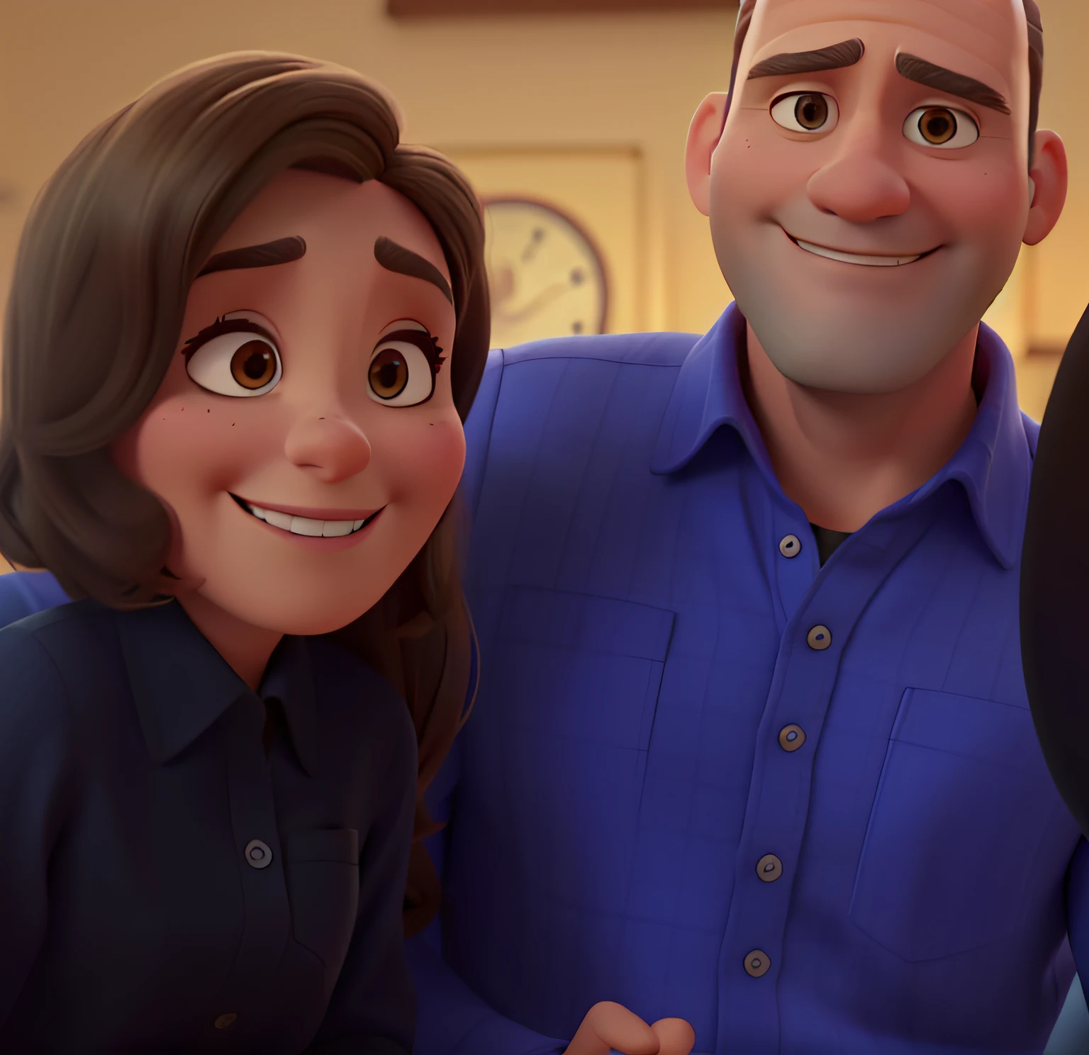 Pixar style image, A 51-year-old brunette woman, straight, shiny hair and a 46-year-old man, bald, without glasses on his face, button-down shirt with the collar folded, high quality, best quality