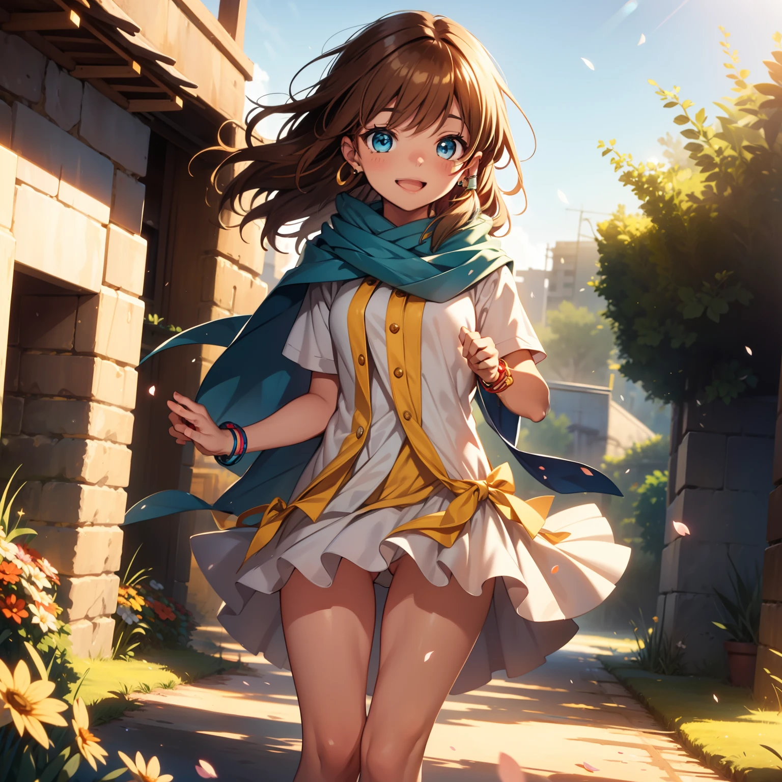 solo, pure happiness, Ultra-detailed, (Realistic, Photorealistic:1.0), vibrant colors, (lonesome desert landscape background), sand dunes, falling petals, cute lonely selfish 1girl princess, holding a bouquet of flowers, running, laughing, XD, flat chest, skinny, very thin legs, thigh gap, ((young)), yellow school outfit, silky arm warmers, short skirt, high heeled boots, blue scarf, brown hair, luxurious jewelries, necklaces, pendants, bracelets, earrings, tiara, (glowing shiny magical blue eyes), looking down at viewer, seen from below, hair ribbon, hair flower, depth of field, cinematic lighting, bokeh, masterpiece, anatomically correct