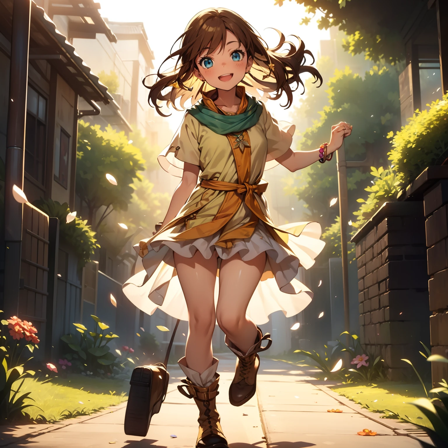 solo, pure happiness, Ultra-detailed, (Realistic, Photorealistic:1.0), vibrant colors, (lonesome desert landscape background), sand dunes, falling petals, cute lonely selfish 1girl princess, holding a bouquet of flowers, running, laughing, XD, flat chest, skinny, very thin legs, thigh gap, ((young)), yellow school outfit, silky arm warmers, short skirt, fishnets, high heeled boots, blue scarf, brown hair, luxurious jewelries, necklaces, pendants, bracelets, earrings, tiara, (glowing shiny magical blue eyes), looking down at viewer, seen from below, hair ribbon, hair flower, depth of field, cinematic lighting, bokeh, masterpiece, anatomically correct