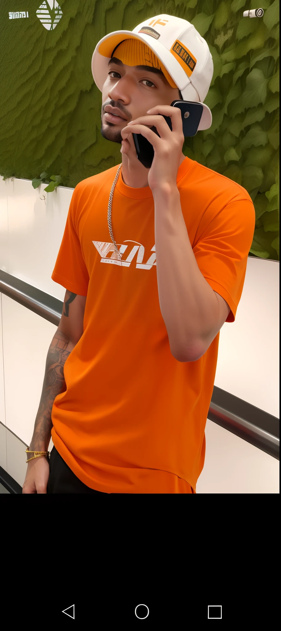 There's a man talking on his cell phone while standing on an escalator, vestindo uma camiseta laranja, vestindo uma camiseta laranja, trending on r/streetwear, outlive streetwear collection, heron preston, 2 cores, cool looking, roupas frescas, trending on r/techwearclothing, inspired by Raphaël Collin, cor laranja, T - Camisa