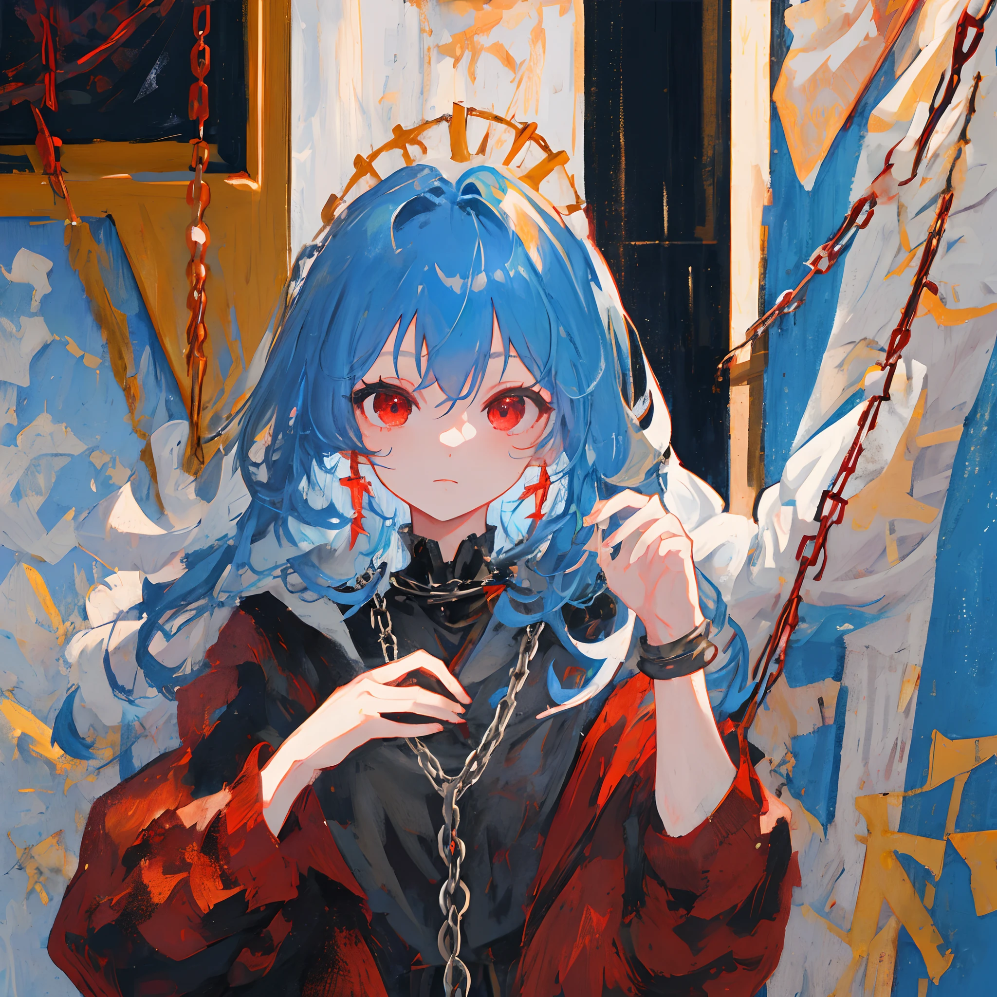 masterpiece, 1 girl, upper body, looks at the viewer, two paintings, in doors, red eyes, blood, baby blue hair, chains , many details