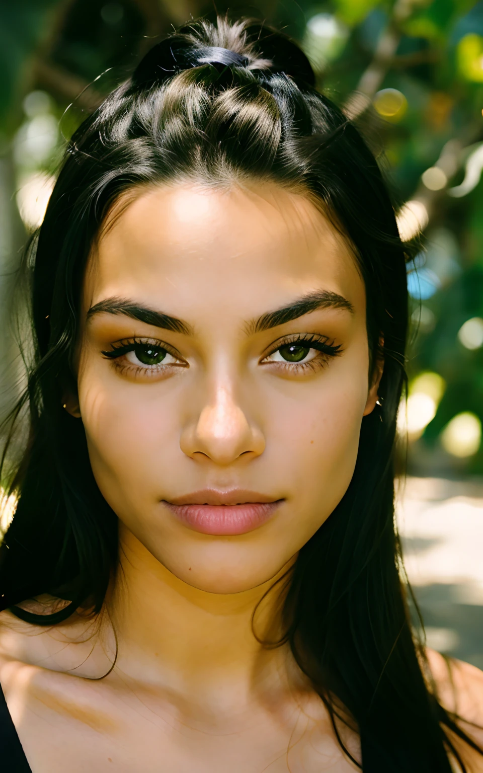 Close up Kodak Disposable Camera Photo of a Beautiful Black Woman. ojos verdes