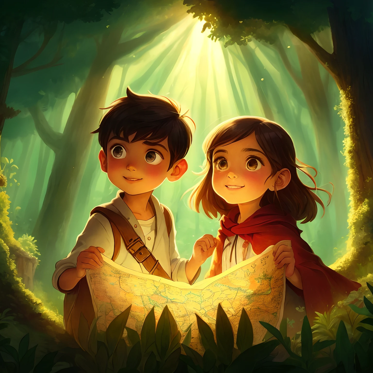 Portada para "El Tesoro de la Autoconfianza: An Adventure of Overcoming"
Personajes Principales: Mateo, A child about , cabello oscuro, ojos brillantes, sosteniendo un antiguo mapa desplegado. Sofia, A Younger Girl, a su lado, determinada y alegre.
Magical Forest in the Background: Un bosque exuberante, Tall trees, hojas brillantes, luz dorada que sugiere una aventura inminente.
Mapa Brillante: El mapa de Mateo con una "X" brillante, Enigmatic, Center of the search for self-confidence. Aspecto antiguo y detallado.
Artistic style: Realismo para los personajes, toque de cuento de hadas para el bosque, creating a magical atmosphere.
Dimensions & Resolution: Standard size of 6" x 9", 300 PPI resolution for high-quality printing.