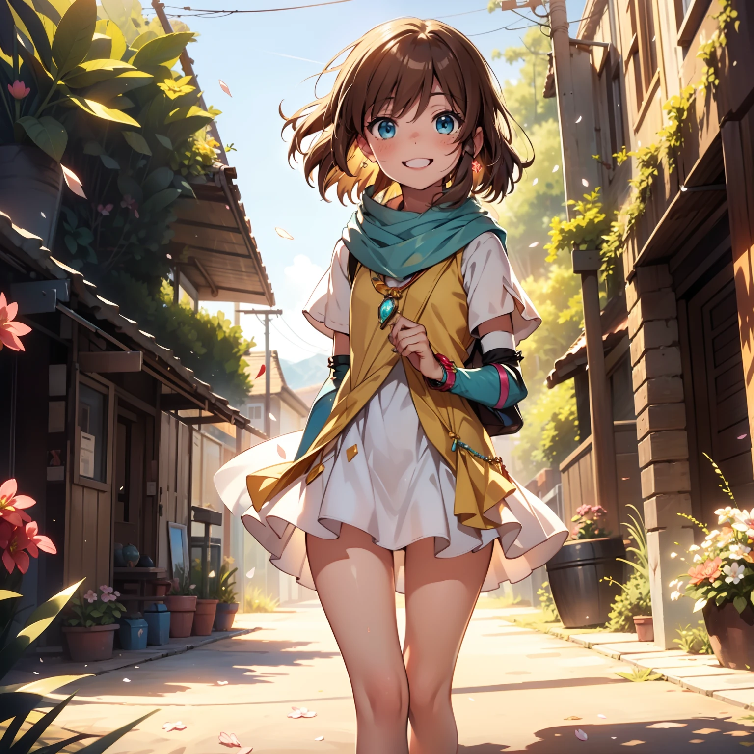 solo, pure happiness, Ultra-detailed, (Realistic, Photorealistic:1.0), vibrant colors, (lonesome desert landscape background), sand dunes, falling petals, cute lonely selfish 1girl princess, holding a bouquet of flowers, walking, laughing, XD, flat chest, skinny, very thin legs, thigh gap, ((young)), yellow outfit, silk arm warmers, short skirt, high heeled boots, blue scarf, brown hair, luxurious jewelries, necklaces, pendants, bracelets, earrings, tiara, (glowing shiny magical blue eyes), looking down at viewer, seen from below, hair ribbon, hair flower, depth of field, cinematic lighting, bokeh, masterpiece, anatomically correct