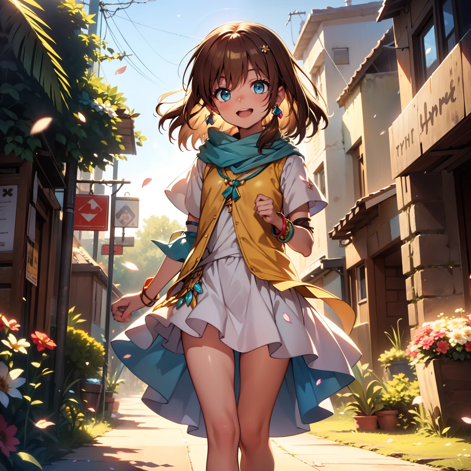 solo, pure happiness, Ultra-detailed, (Realistic, Photorealistic:1.0), vibrant colors, (lonesome desert landscape background), sand dunes, falling petals, cute lonely selfish 1girl princess, holding a bouquet of flowers, walking, laughing, XD, flat chest, skinny, very thin legs, thigh gap, ((young)), yellow outfit, silk arm warmers, short skirt, high heeled boots, blue scarf, brown hair, luxurious jewelries, necklaces, pendants, bracelets, earrings, tiara, (glowing shiny magical blue eyes), looking down at viewer, seen from below, hair ribbon, hair flower, depth of field, cinematic lighting, bokeh, masterpiece, anatomically correct