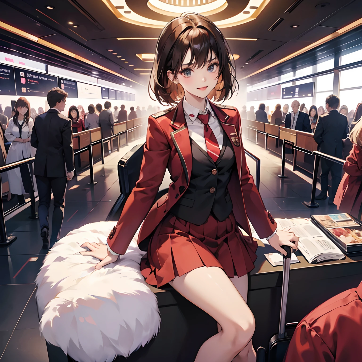 {{a matural female、５a person、bule}}、looking at the viewers、Hazel eyes、ighly detailed、Medium chest、brown haired、airport、Cabin Crew、校服、Red Blazer、neck tie、a red skirt、midium skirt、high-heels、Happiness、top-quality、hightquality、extremely detailed anime screencap、{{{{congestion、girl with５a person、Thousands of sisters、Millions of sisters、Billions of sisters、Matching costumes}}}}