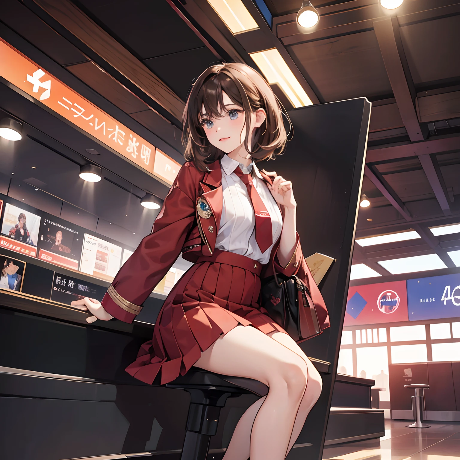 {{a matural female、５a person、bule}}、looking at the viewers、Hazel eyes、ighly detailed、Medium chest、brown haired、airport、Cabin Crew、校服、Red Blazer、neck tie、a red skirt、midium skirt、high-heels、Happiness、top-quality、hightquality、extremely detailed anime screencap、{{{{congestion、girl with５a person、Thousands of sisters、Millions of sisters、Billions of sisters、Matching costumes}}}}