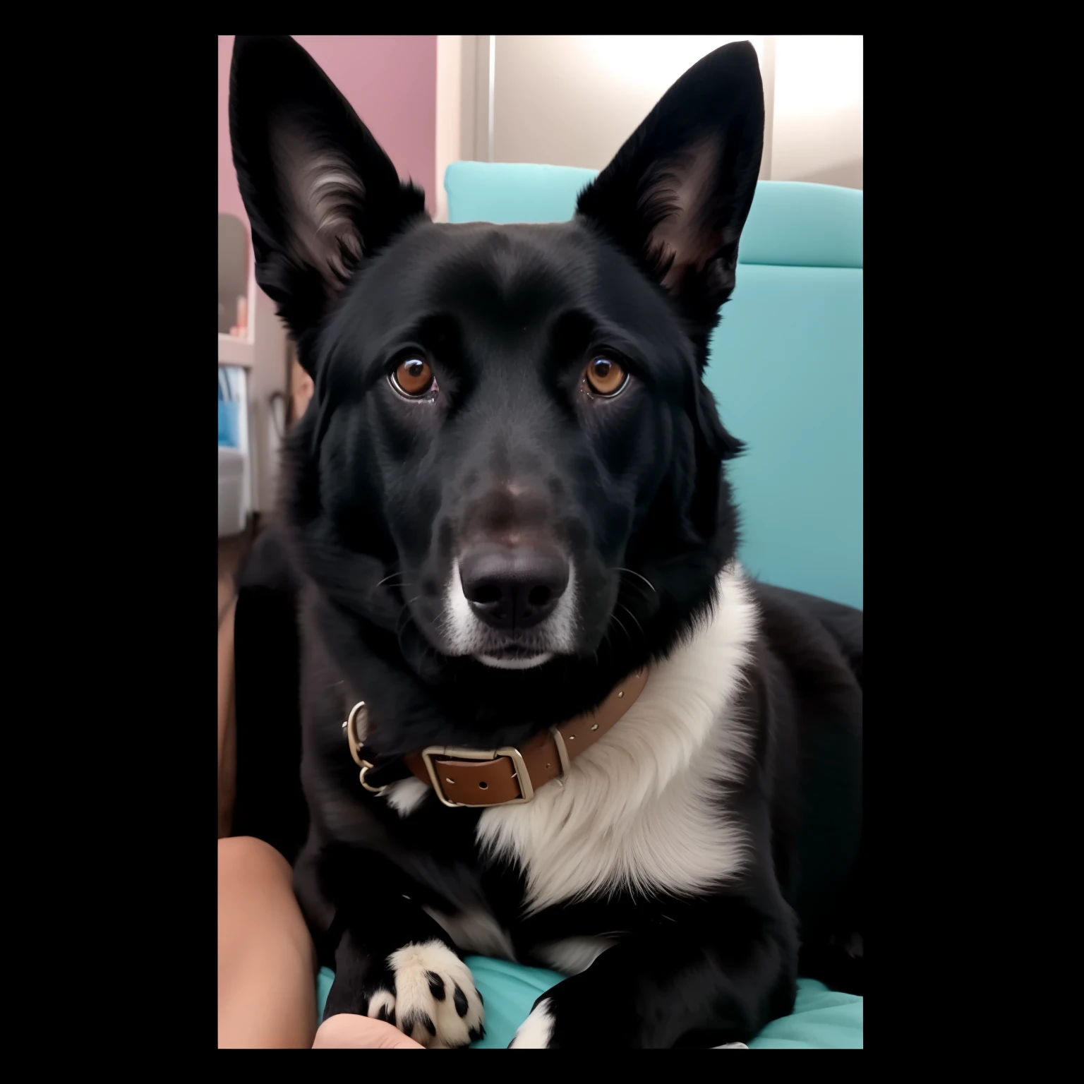 There's a black dog that's sitting on a person's lap, peludo bonito precisa de sua ajuda, is looking at the camera, staring directly at camera, looks directly at camera, 4 5 I, looks into the camera, sitting on a lab table, Aussie, extremamente bonito, circunstanciado!, she's facing the camera, Sparky, looking defiantly at the camera, Handsome