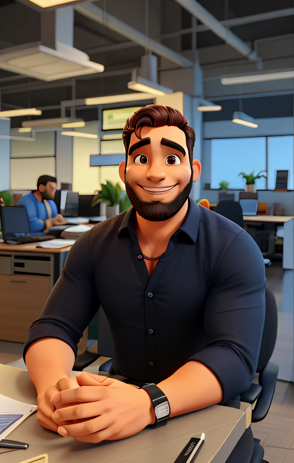 Homem sorrindo, in an office. Camisa preta, musculos aparentes com barba levemente grisalho