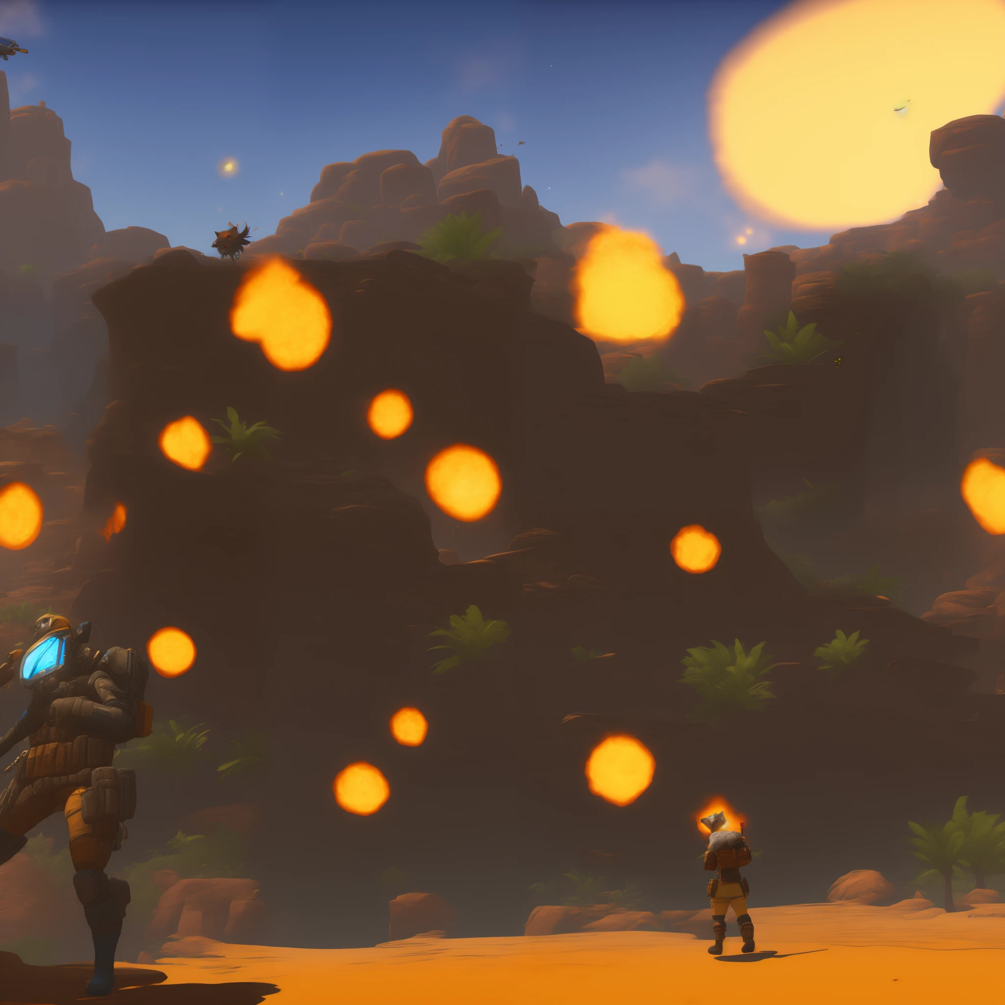 alien-planet, party, many creatures from different planets, sunset, drinking, dancing